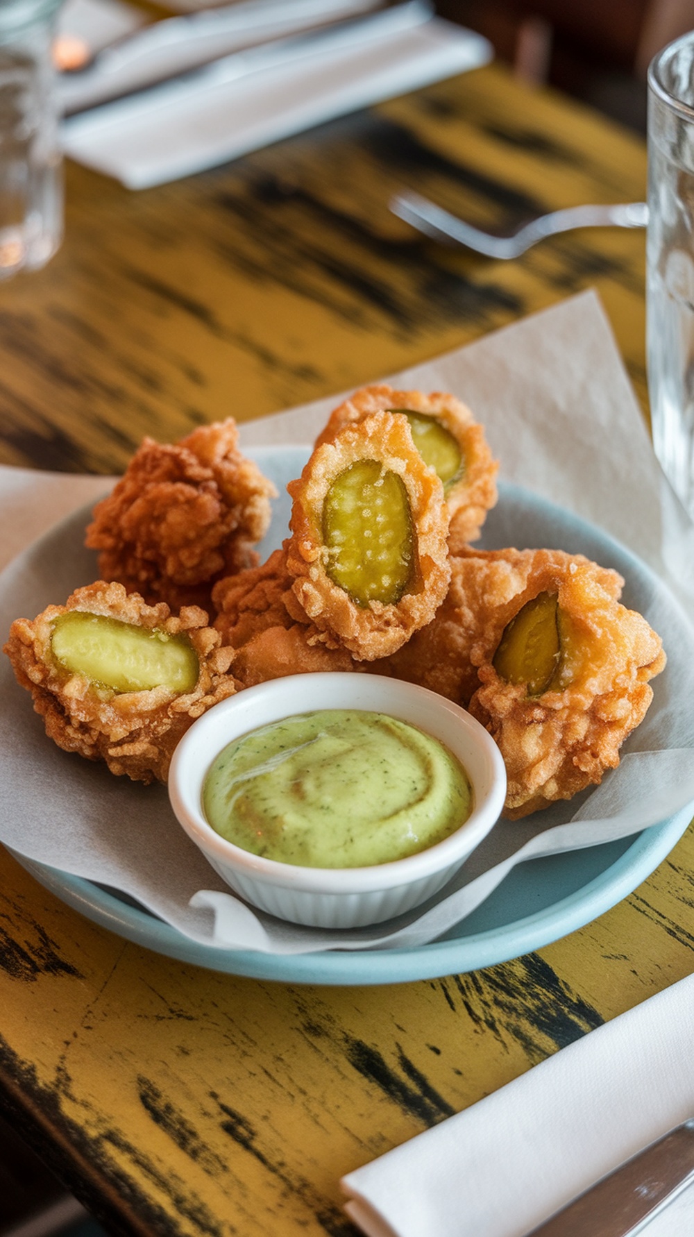 A plate of fried pickle bites with a creamy dipping sauce