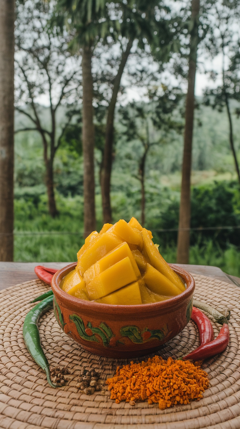 A bowl of Sri Lankan Mango Achcharu with mango slices and spices