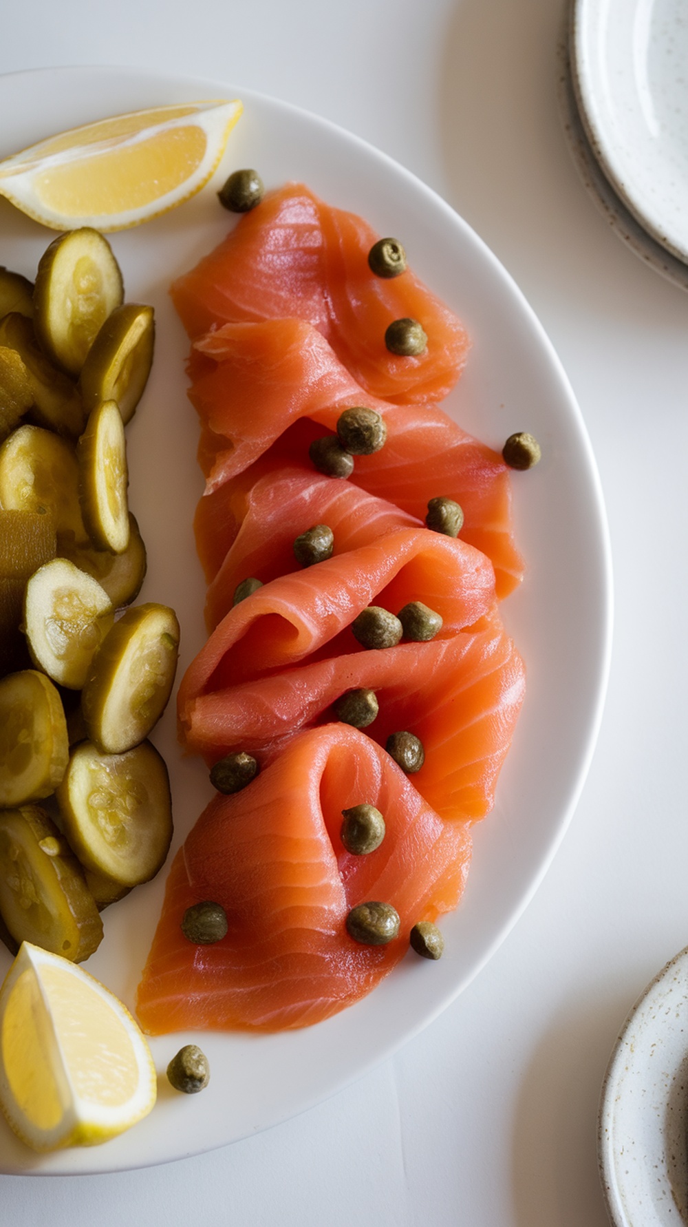 A plate of smoked salmon slices, pickles, capers, and lemon wedges.