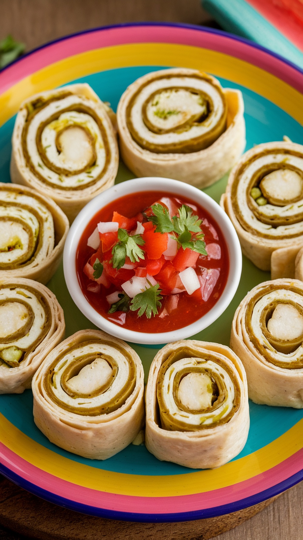 Spicy jalapeño and cream cheese wraps served with salsa on a colorful plate.