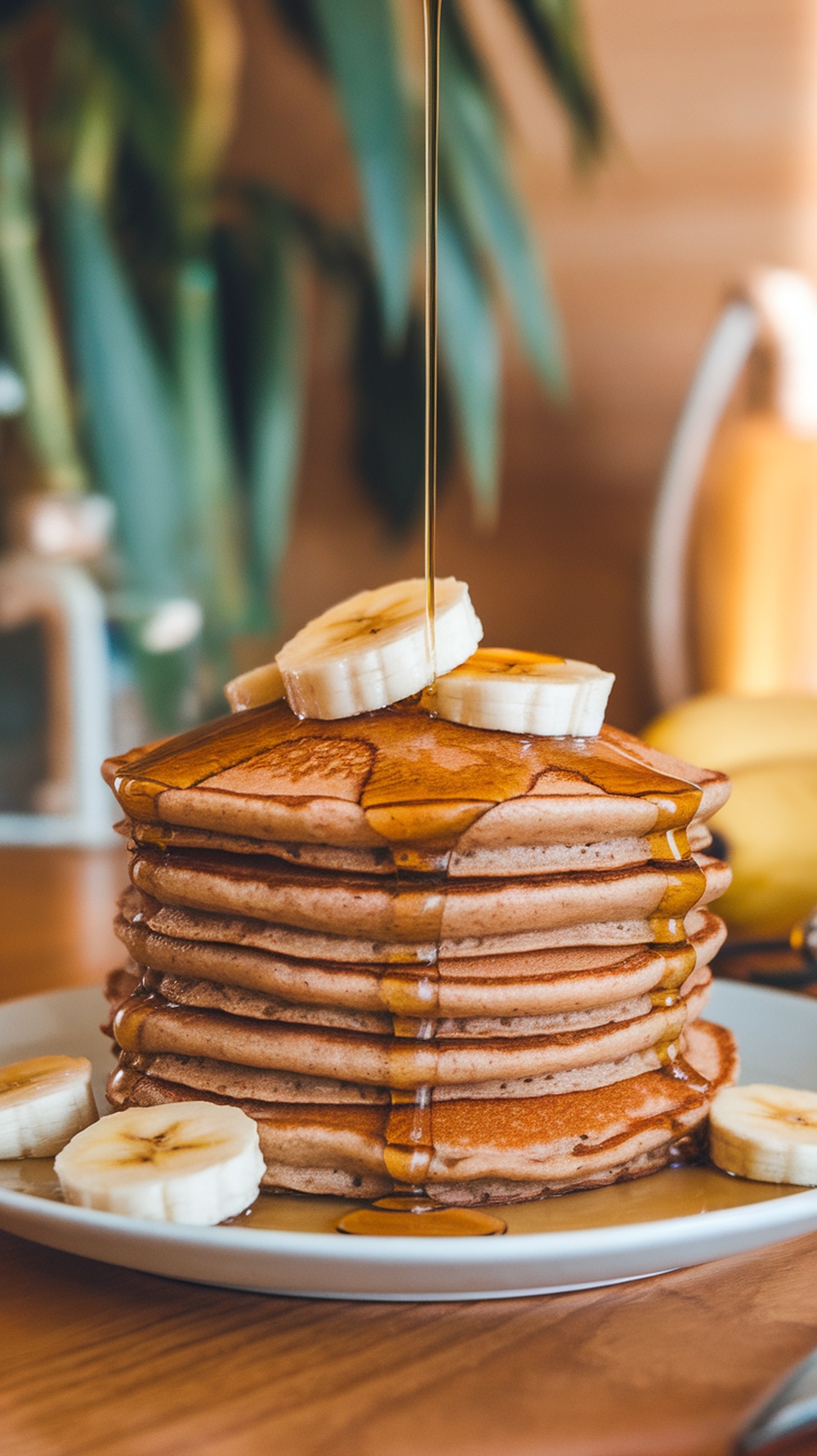 A stack of whole wheat banana pancakes topped with banana slices and syrup.