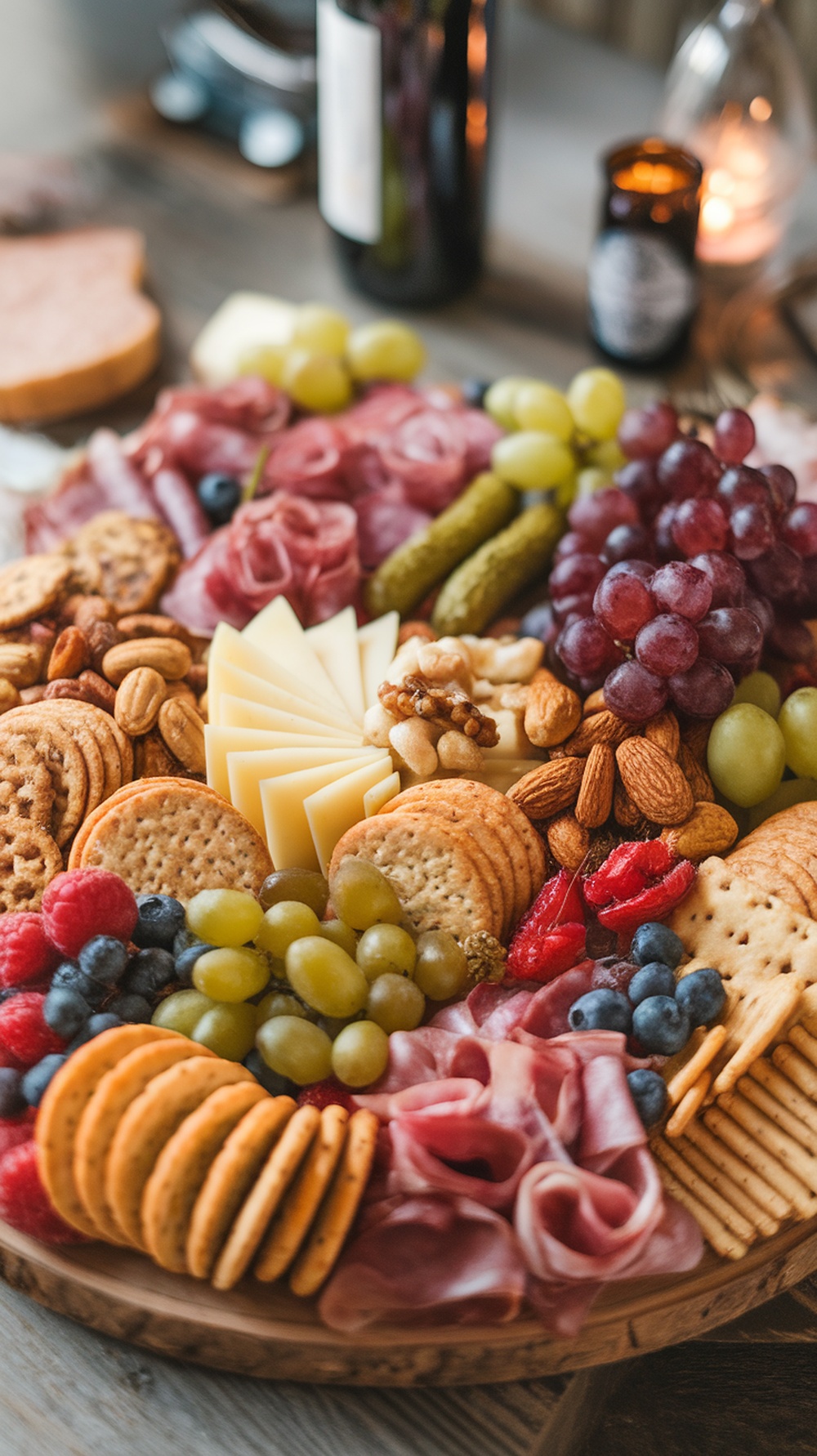 A gourmet pickle and snack board featuring various meats, cheeses, crackers, grapes, and pickles.