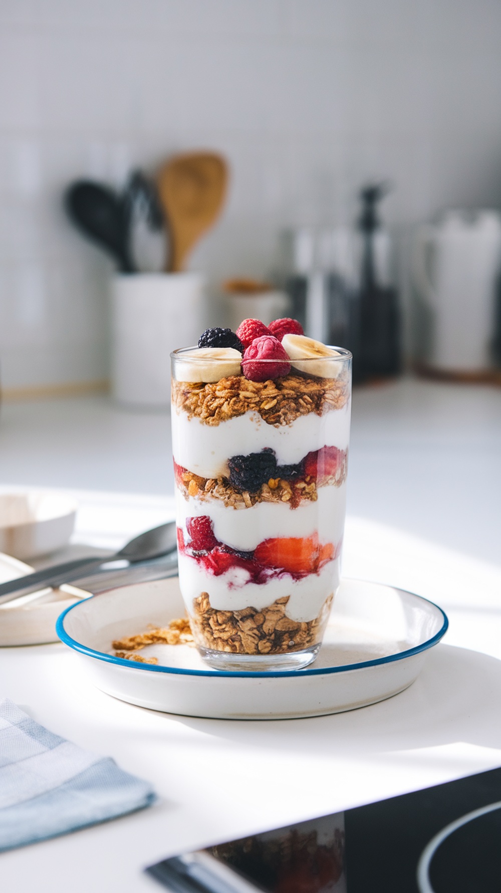 A Greek yogurt parfait with layers of granola, mixed berries, and banana slices in a glass.