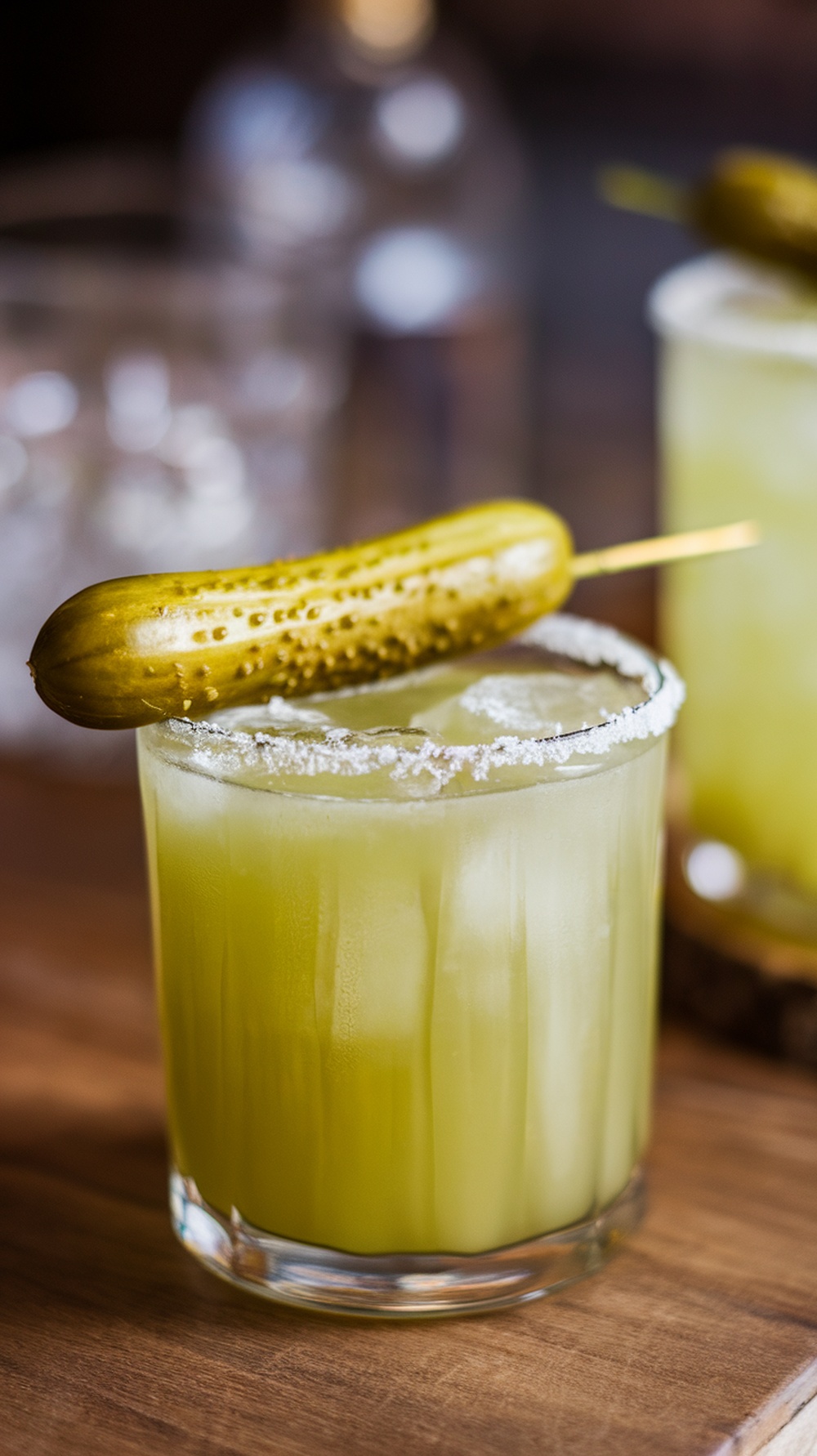 A Classic Pickle Juice Margarita with a pickle spear garnish