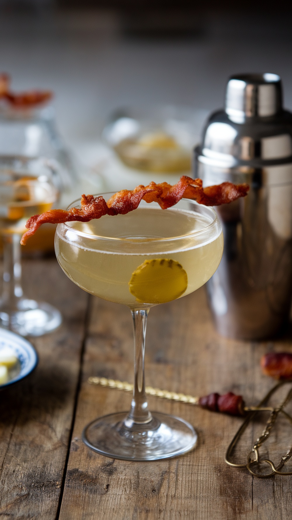 A Smoky Bacon Pickle Martini garnished with a crispy bacon strip and a pickle slice.