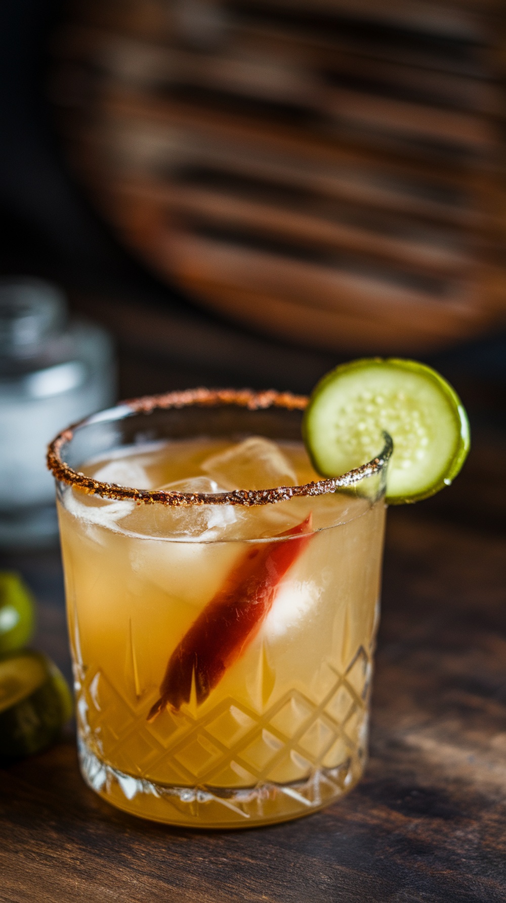A Smoky Chipotle Pickle Margarita in a crystal glass, garnished with cucumber and chipotle pepper.