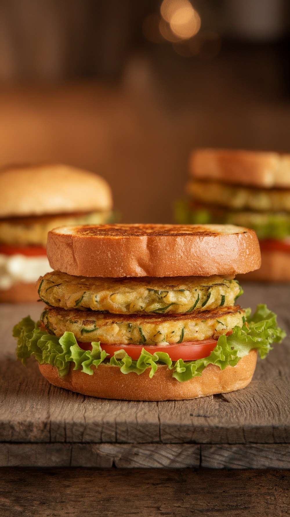 A delicious zucchini fritter breakfast sandwich with lettuce and tomato on toasted bread.