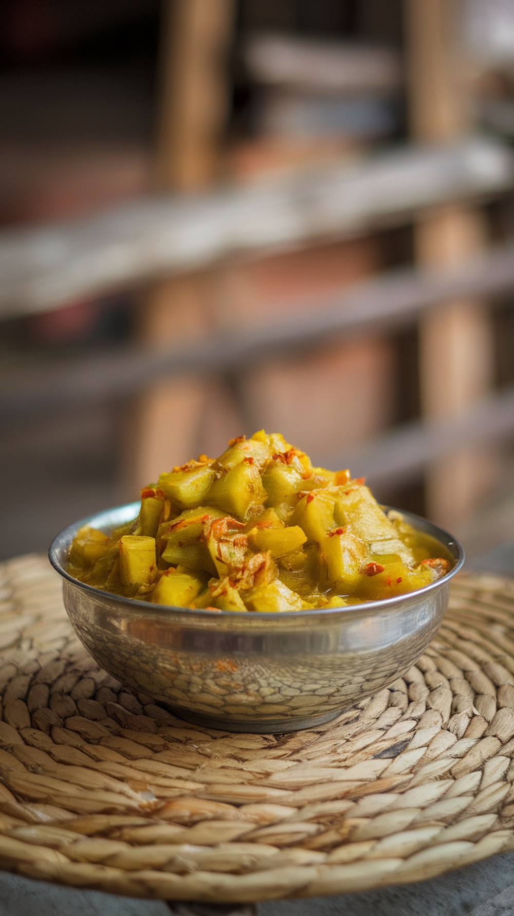 A bowl of Nepalese mango pickle (achar) filled with diced mango pieces and spices.