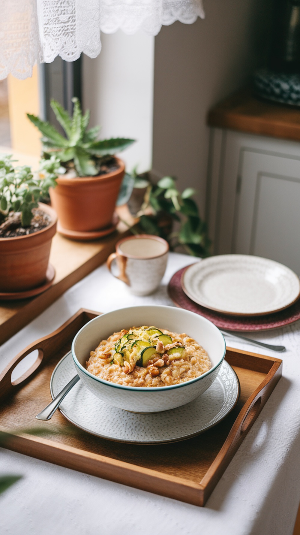 A bowl of Zucchini Bread Oatmeal topped with zucchini slices and nuts, set on a wooden tray with plants in the background.