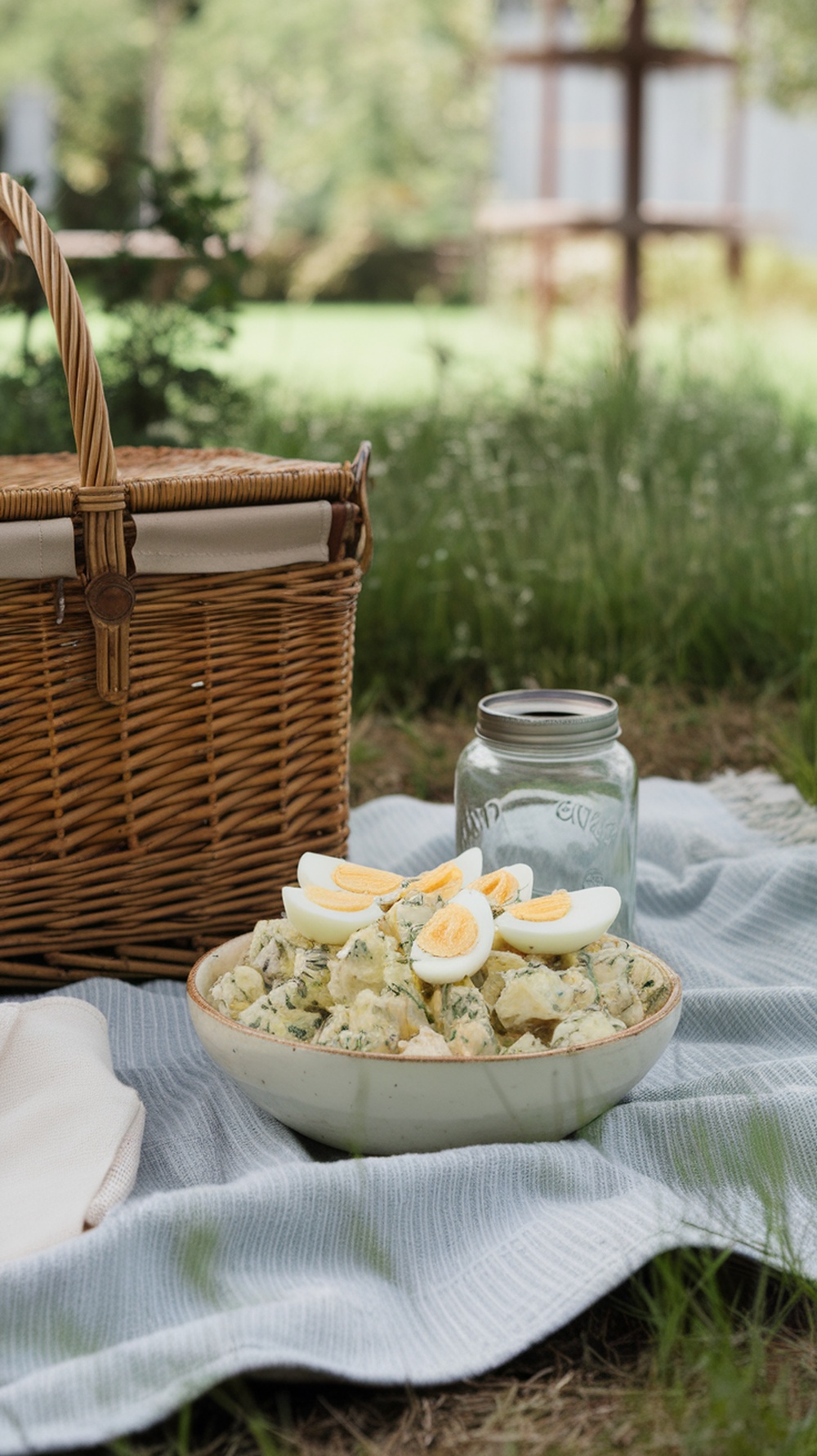 A bowl of Herbed Dill Pickle Potato Salad with sliced hard-boiled eggs, a picnic basket, and a jar on a blanket in a grassy area.