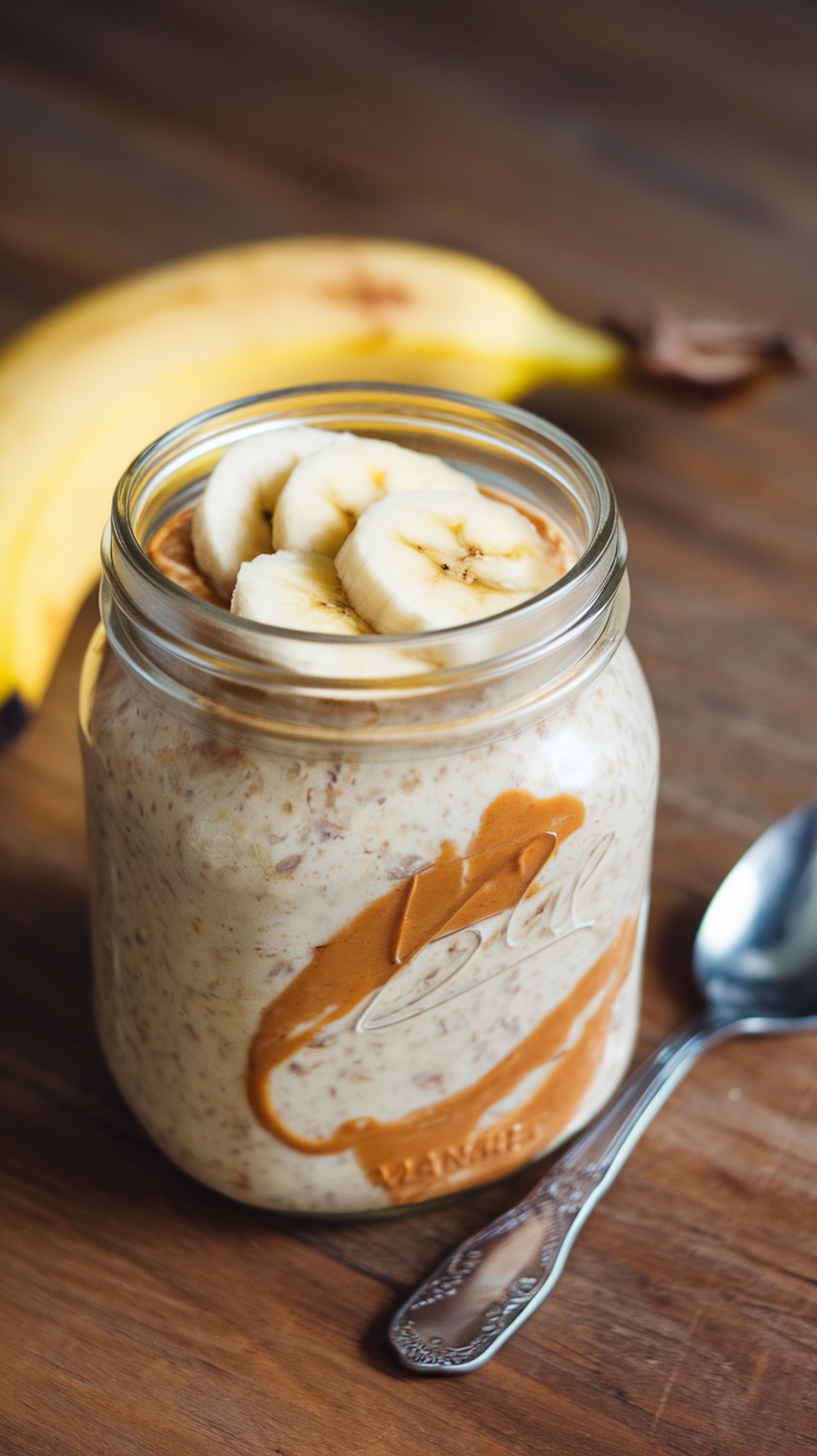 A jar of peanut butter and banana overnight oats topped with banana slices.