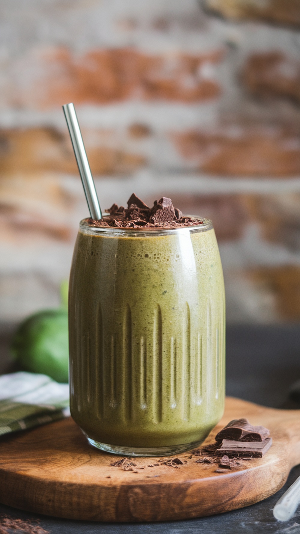 A glass of Chocolate Spinach Smoothie topped with chocolate shavings