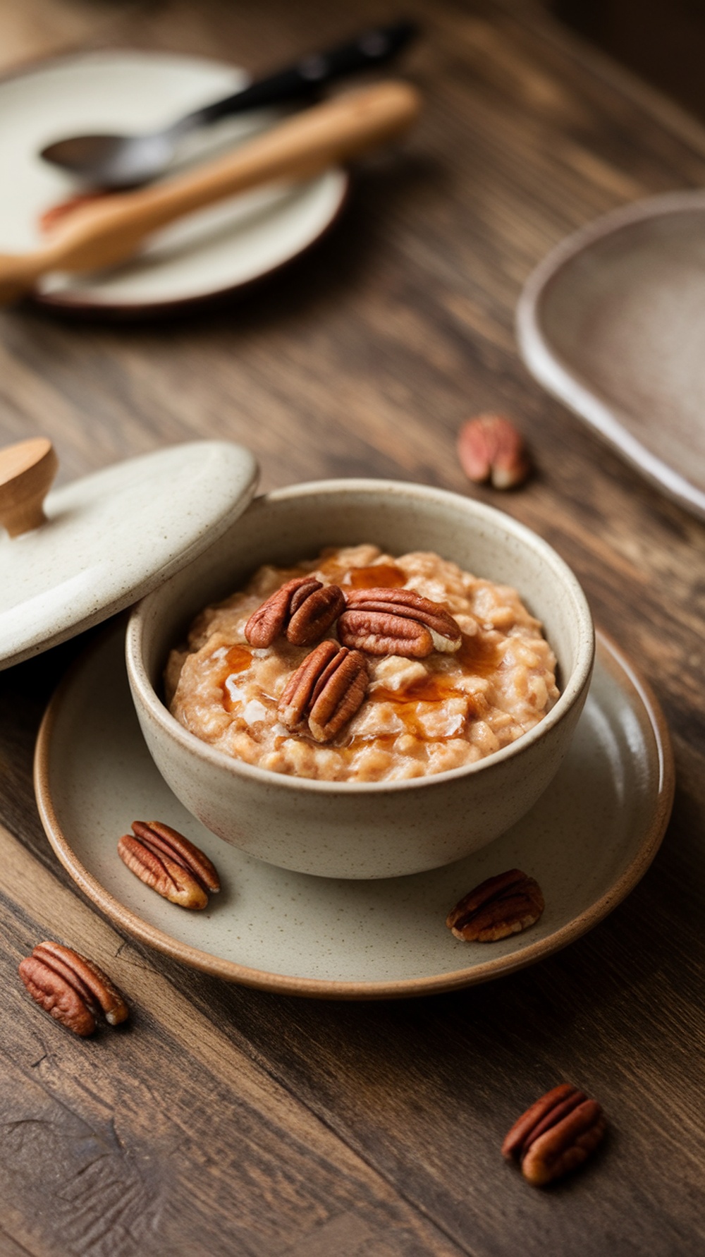A bowl of Maple Pecan Oatmeal topped with pecans and syrup