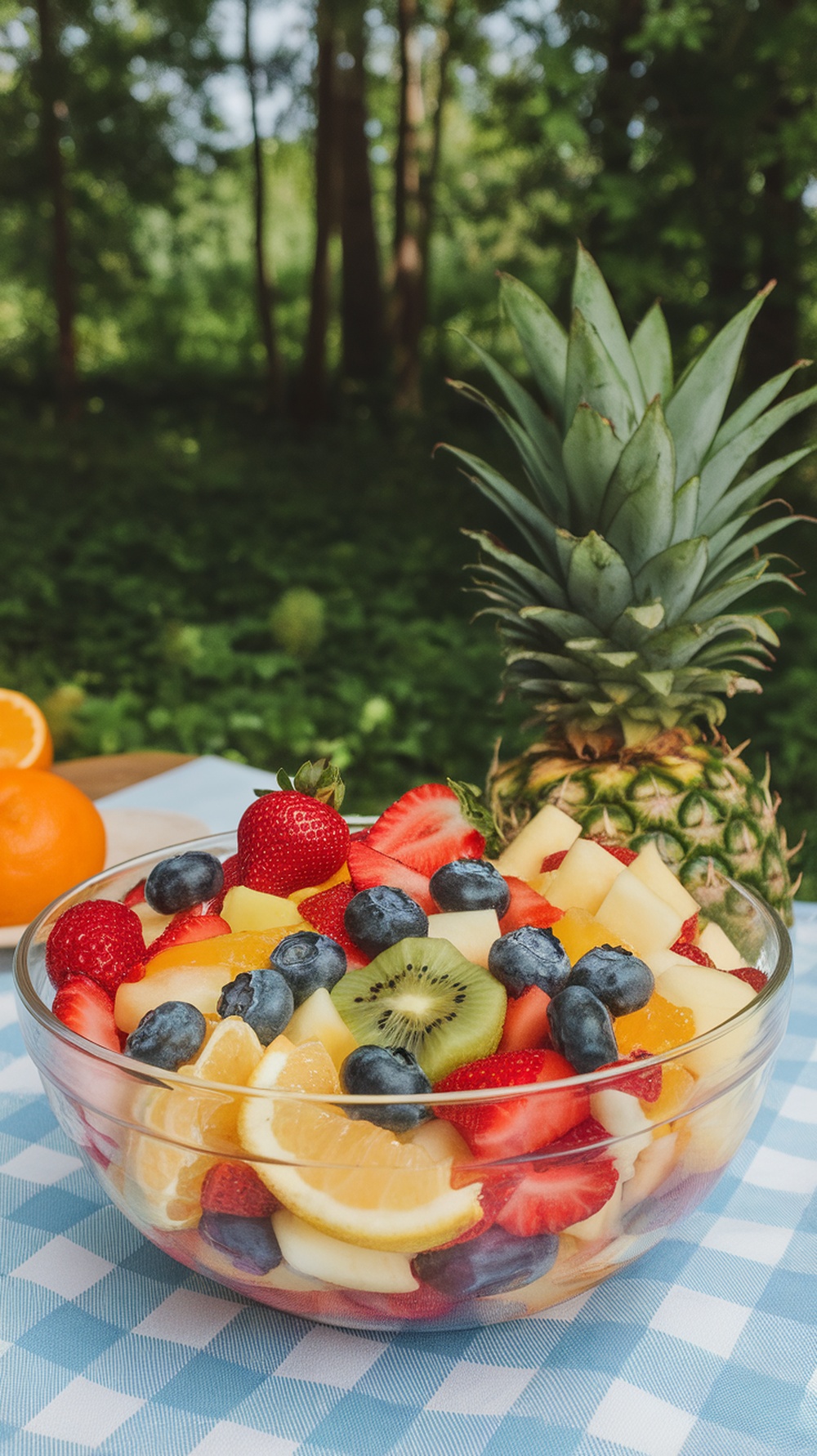 A colorful bowl of fruit salad with strawberries, blueberries, kiwi, and citrus fruits, set against a natural background.