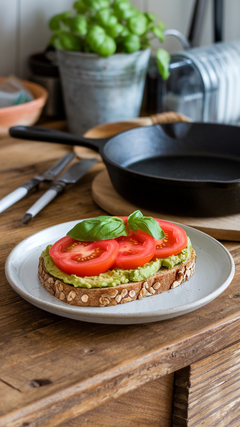 A plate of avocado toast topped with tomato slices and basil leaves.