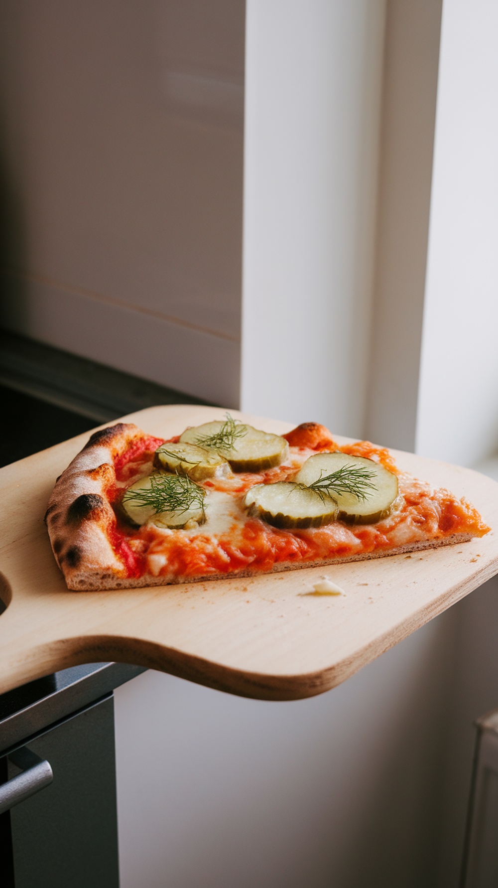 A slice of pickle pizza on a wooden board, showcasing melted cheese and pickles.