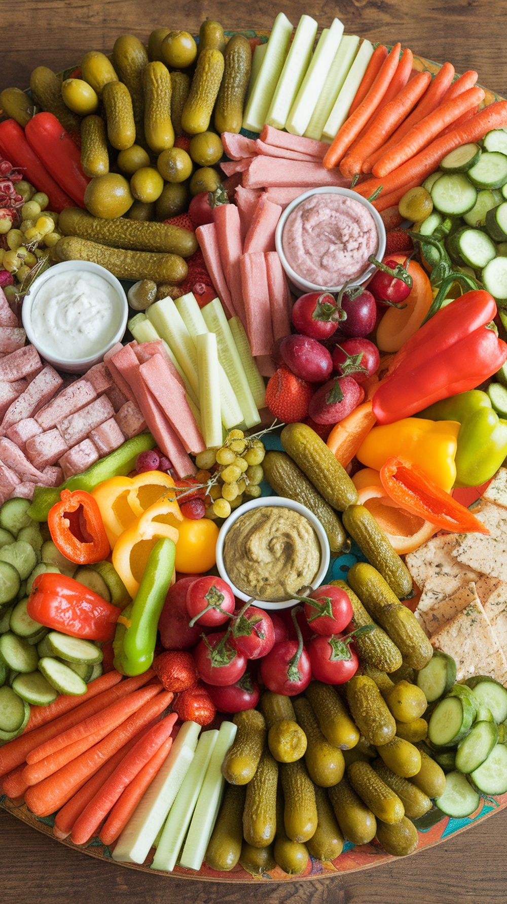 A colorful charcuterie board featuring pickles, fresh vegetables, and dips.