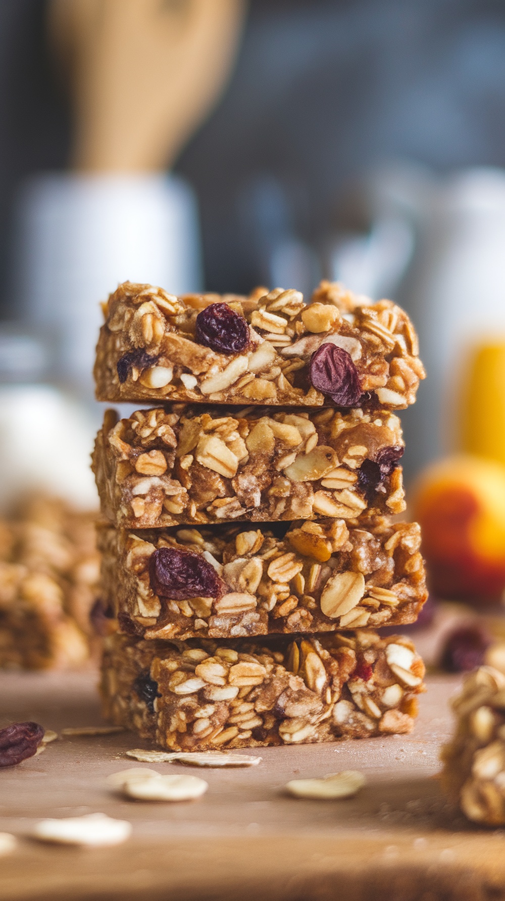 A stack of homemade granola bars made with oats, nuts, and dried fruits.