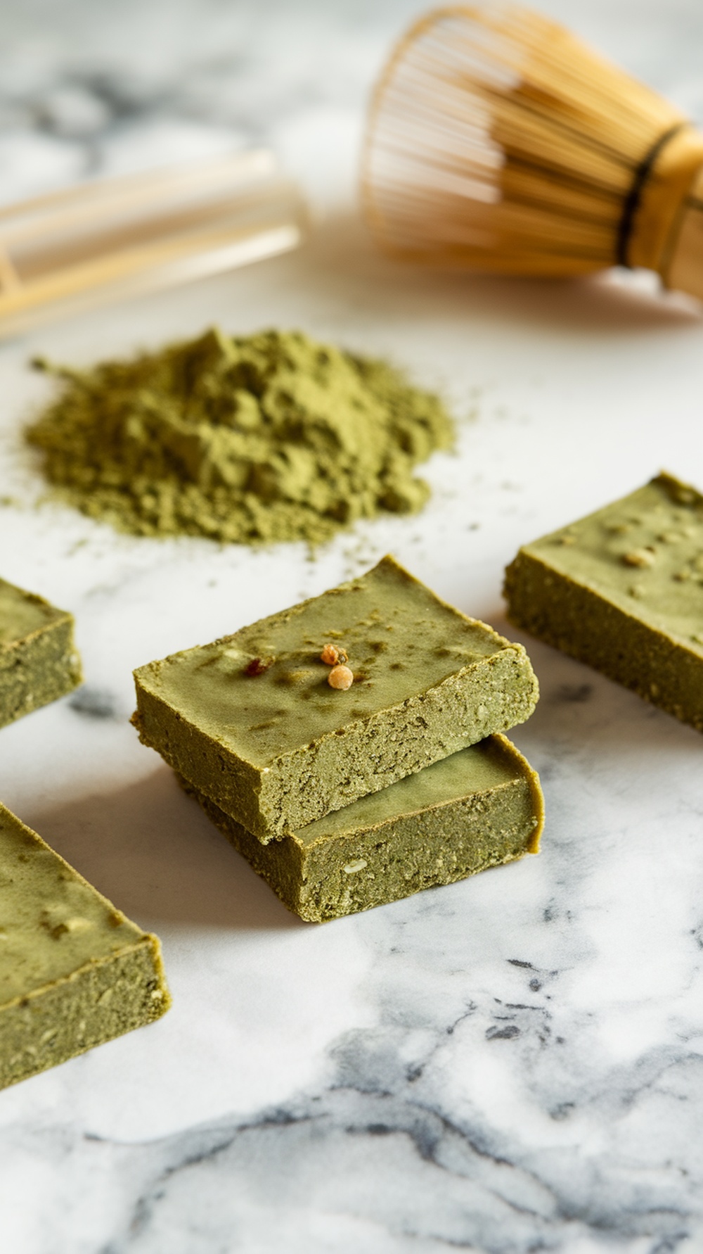 Matcha green tea protein bars stacked on a marble surface with matcha powder and a whisk in the background.