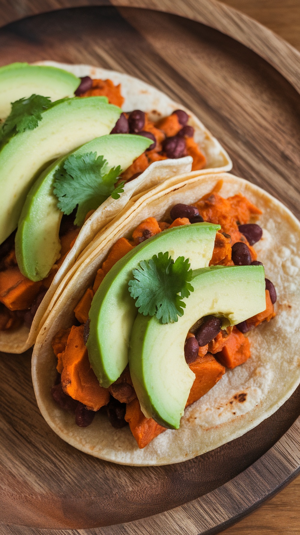 Sweet potato and black bean breakfast tacos topped with avocado and cilantro on a wooden plate.
