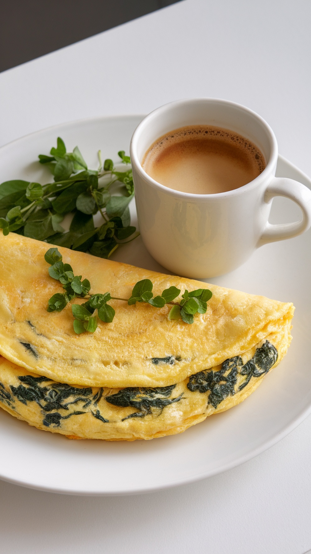 A spinach and feta omelette served with a cup of coffee and fresh herbs.