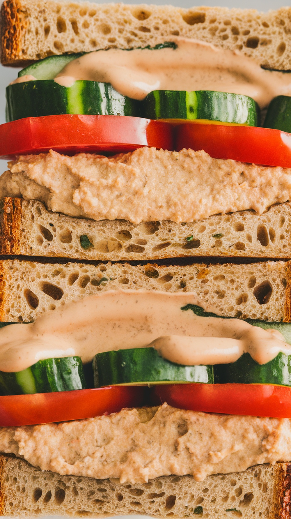A Mediterranean Chickpea Sandwich with layers of chickpea spread, cucumber, and tomato on whole grain bread.