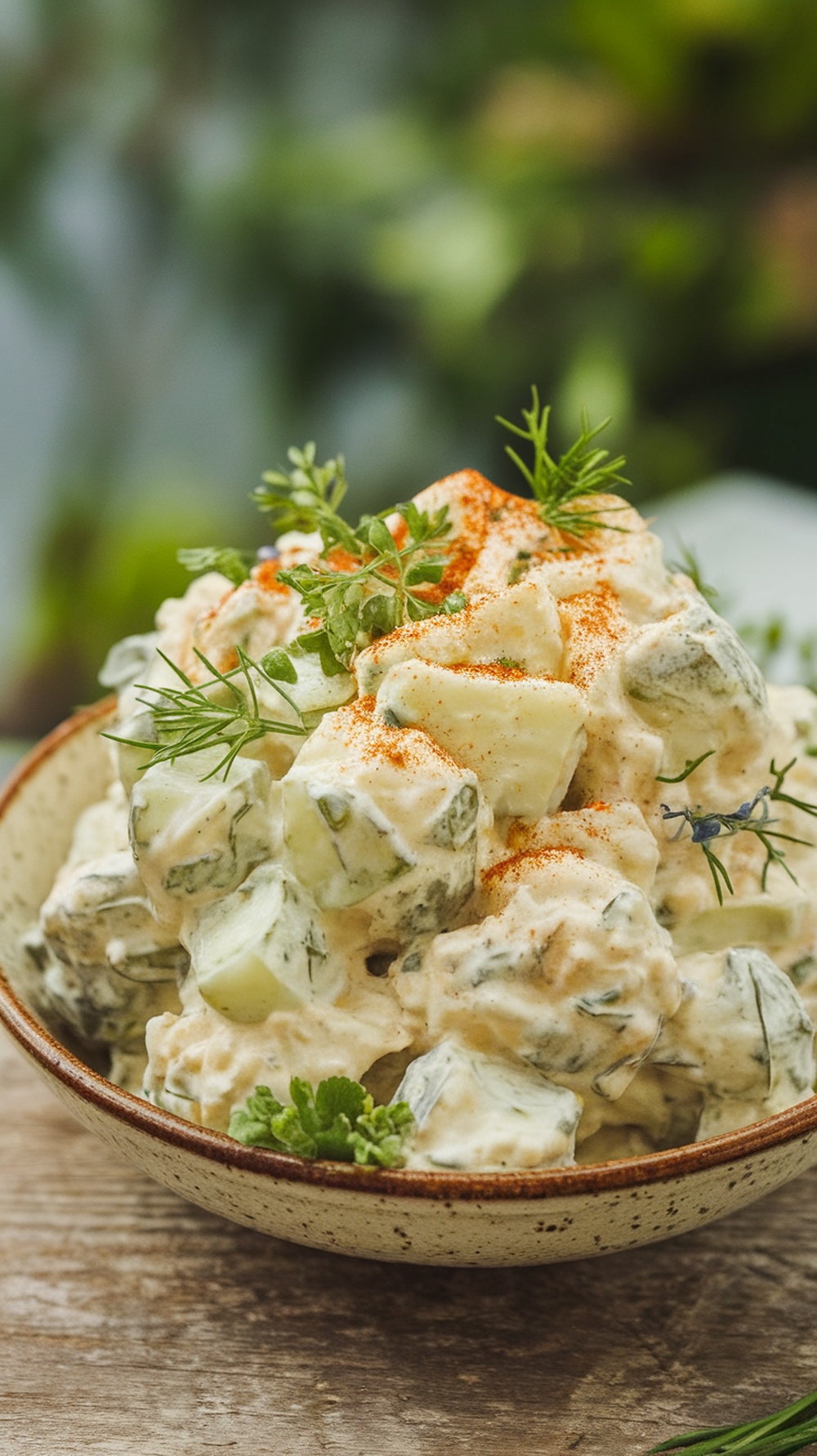 A bowl of creamy dill pickle potato salad topped with fresh herbs and paprika.