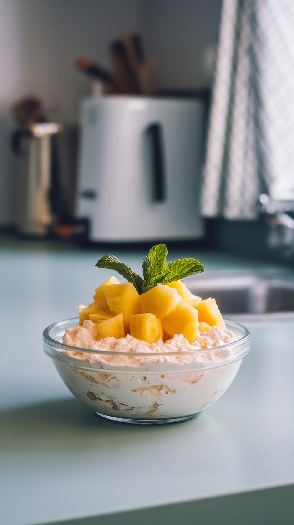 A bowl of cottage cheese topped with diced pineapple and a mint sprig.