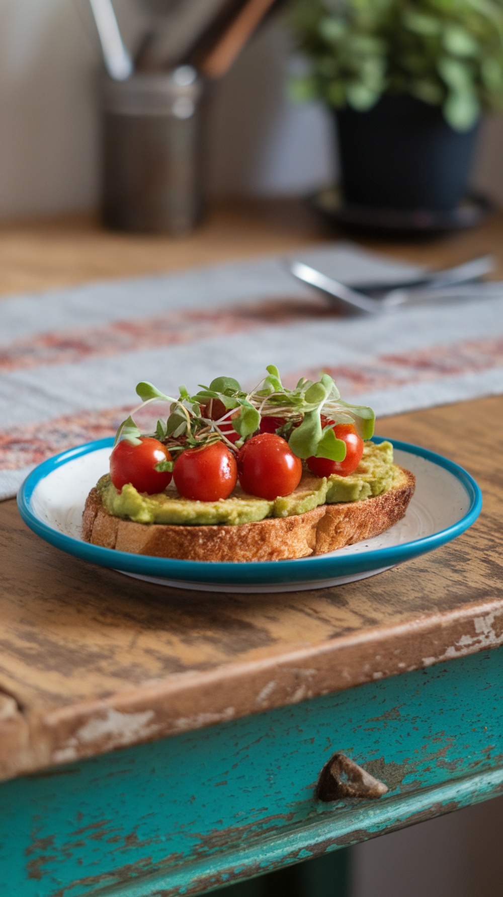 A plate of avocado toast topped with cherry tomatoes and microgreens on a rustic wooden table.