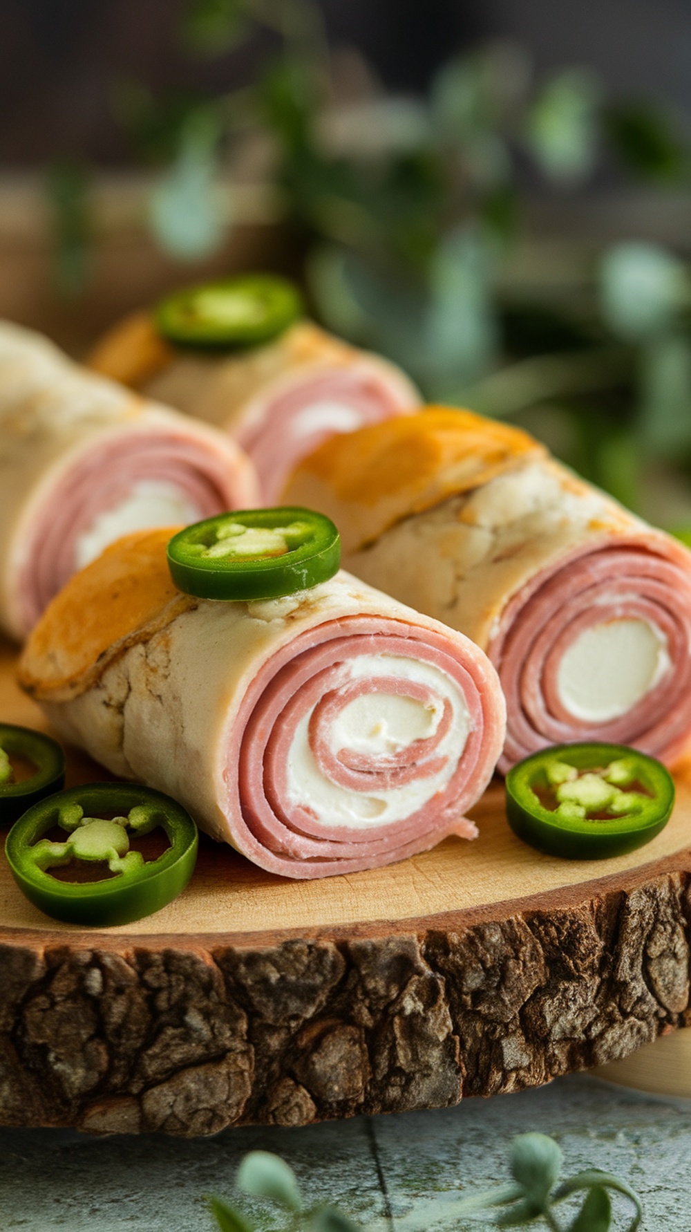Spicy Jalapeño Ham Roll Ups on a wooden platter
