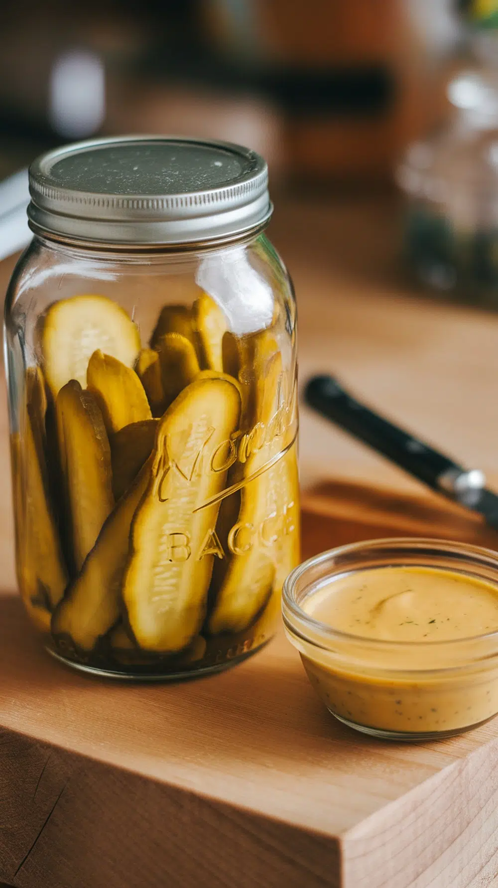 A jar of honey mustard dill pickle chips with a bowl of honey mustard sauce on a wooden surface.