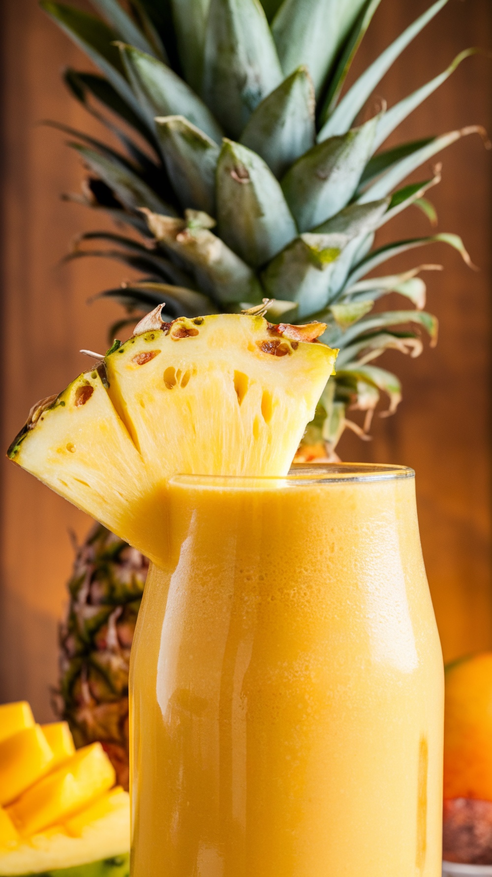 A refreshing Tropical Mango Pineapple Delight smoothie in a glass, garnished with a slice of pineapple, with a whole pineapple in the background.