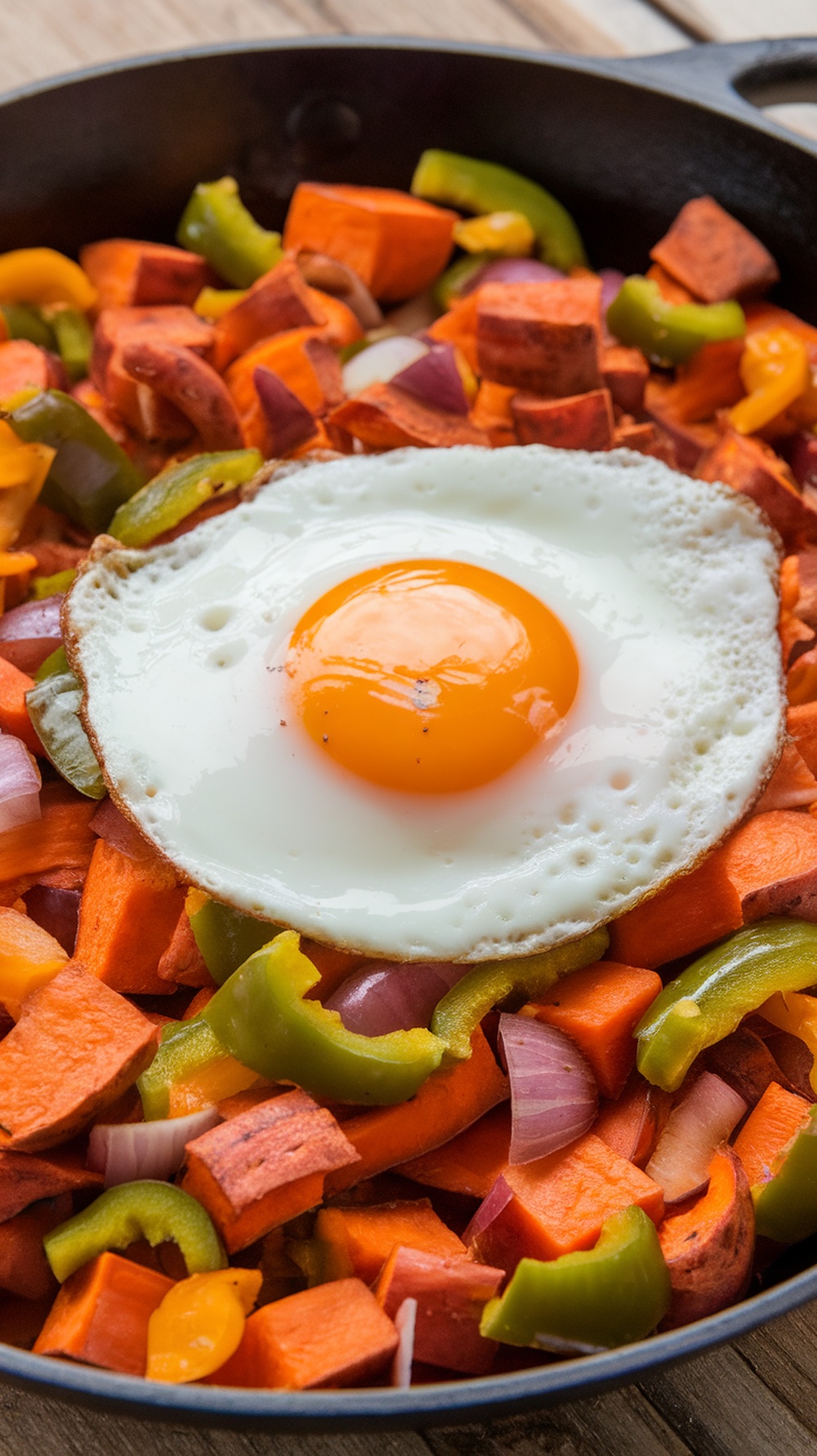 A colorful sweet potato hash with diced sweet potatoes, bell peppers, onions, and a fried egg on top.