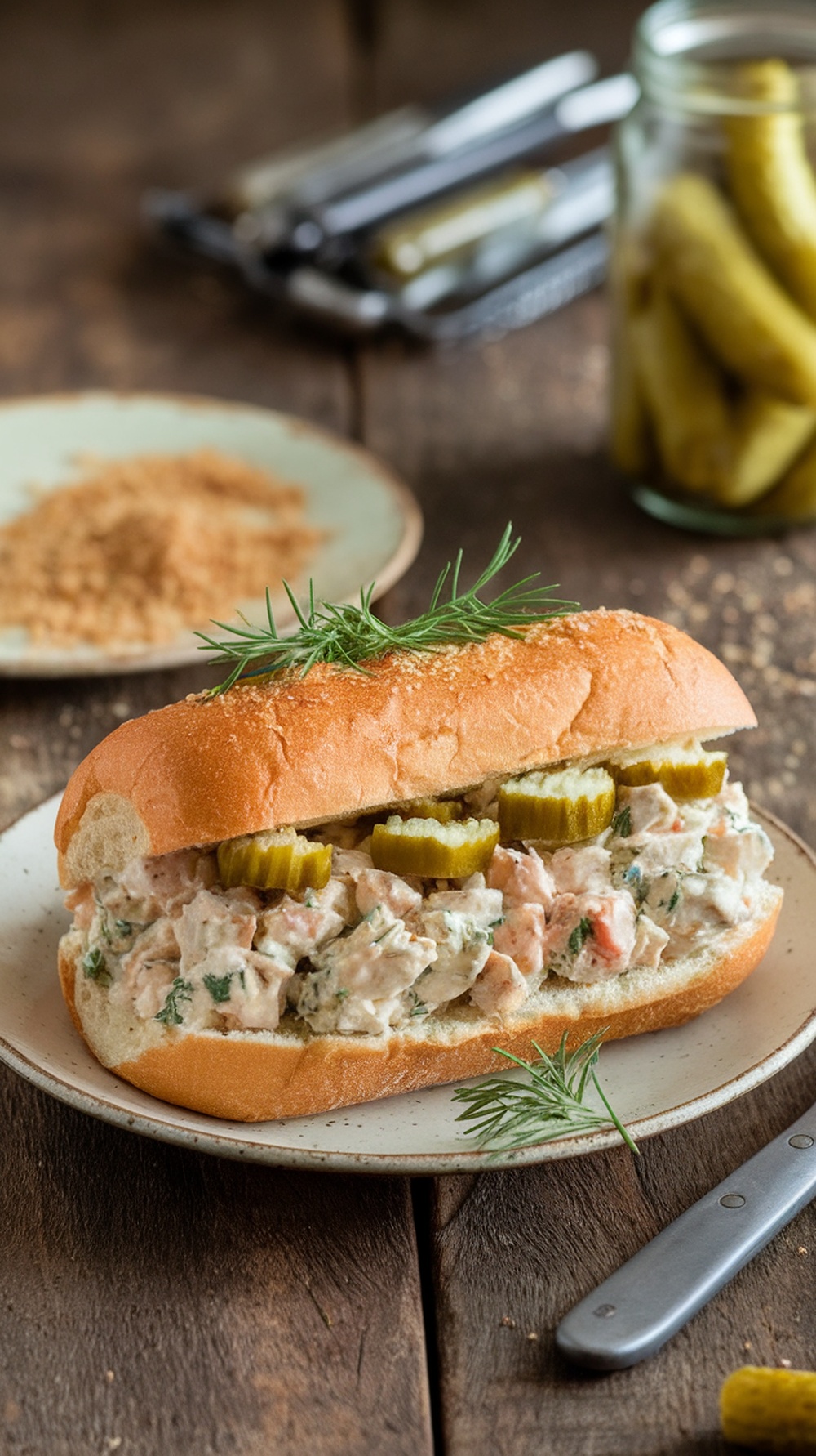 Dill Pickle Chicken Salad Sandwich on a plate with pickles in the background