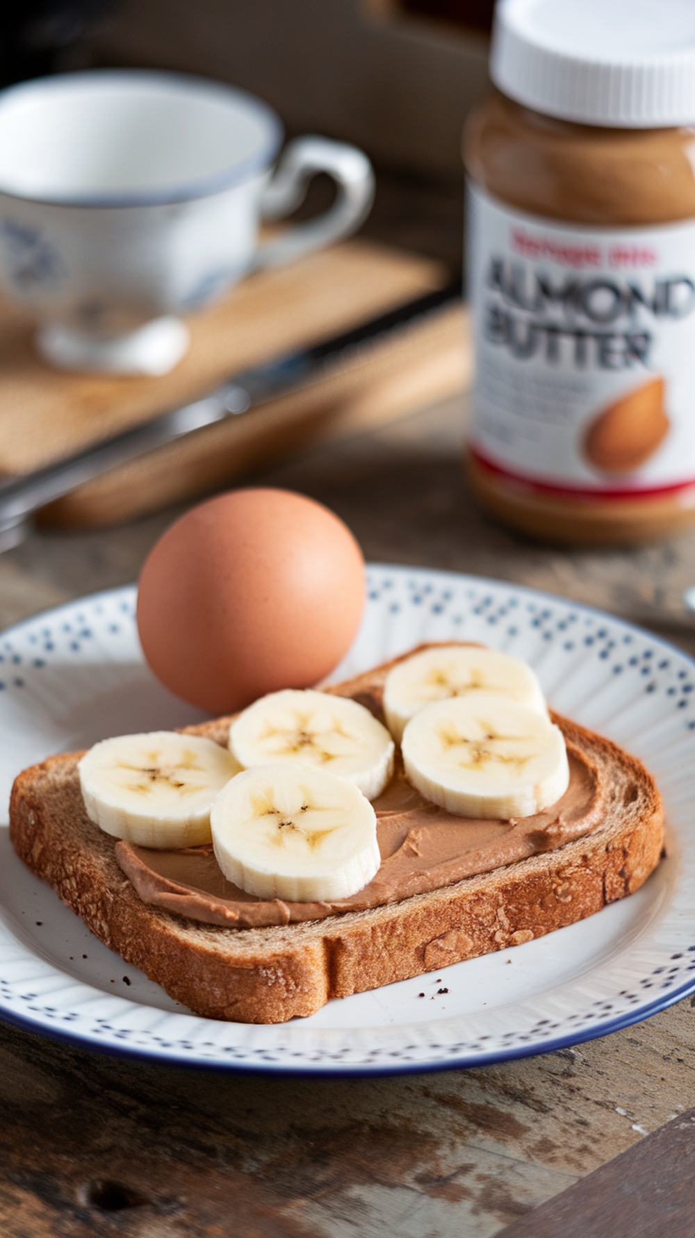 Whole wheat toast with almond butter and banana slices, accompanied by a boiled egg.