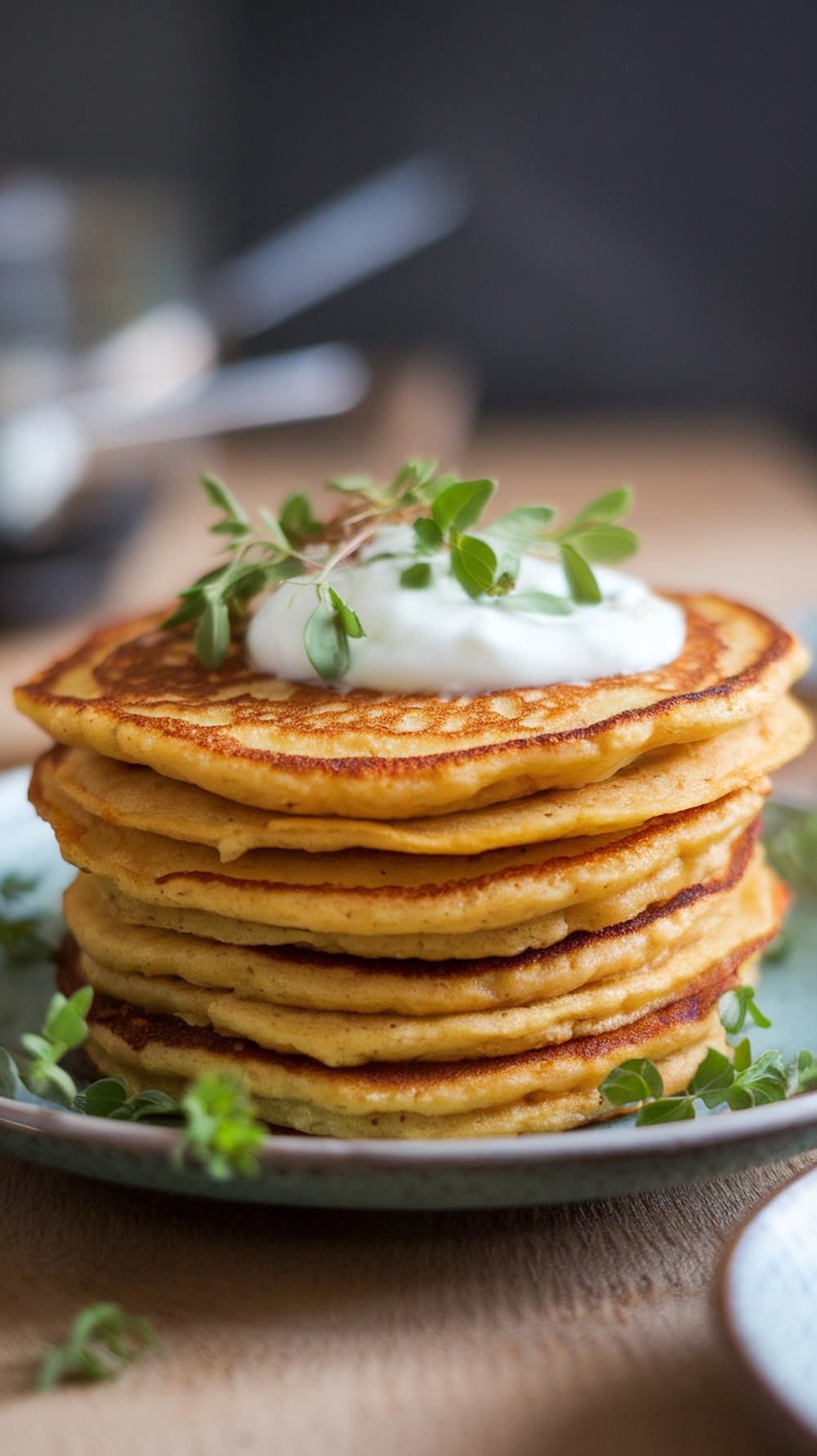 A stack of chickpea flour pancakes topped with yogurt and fresh herbs.