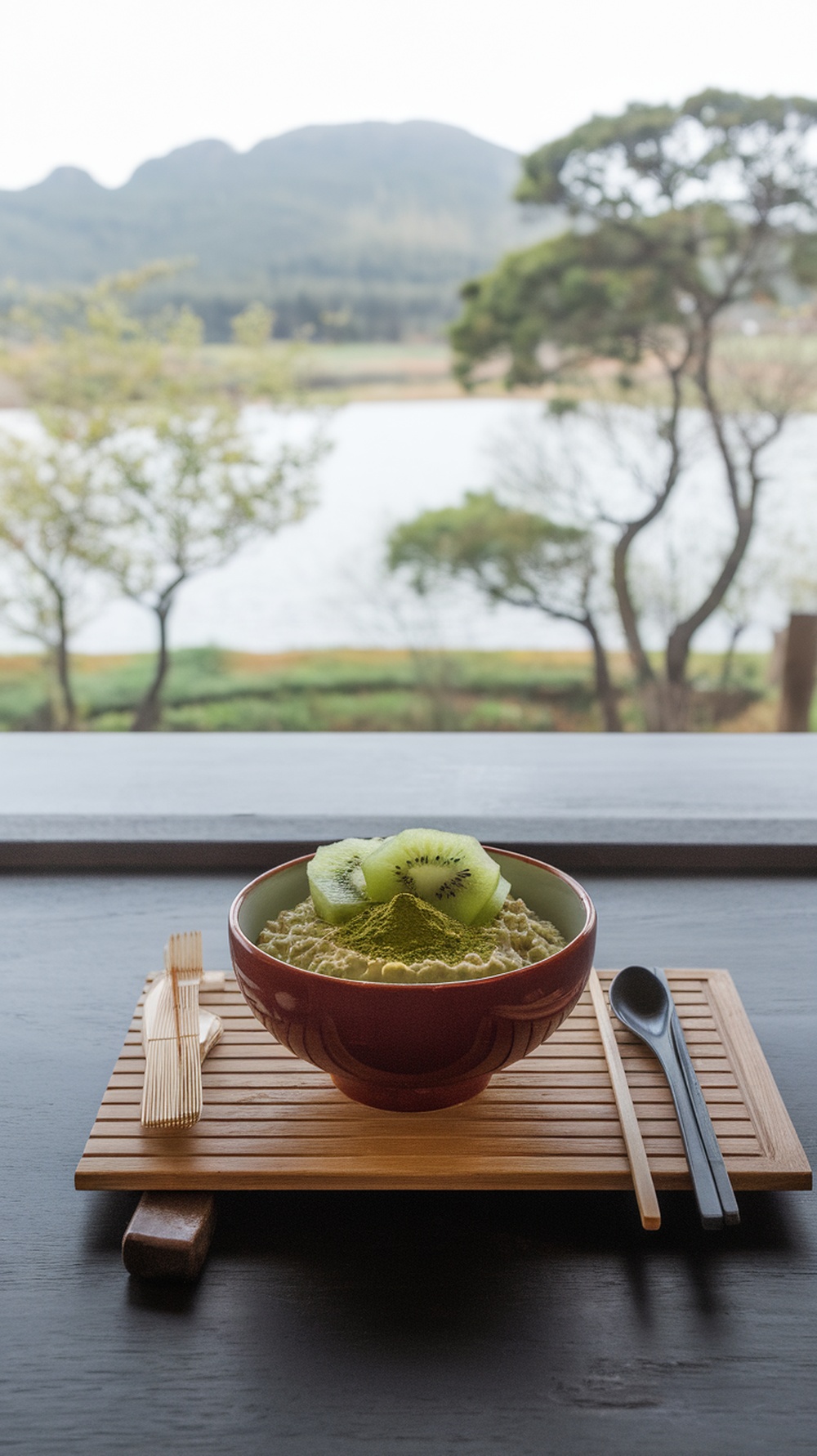 A bowl of matcha green tea oatmeal topped with kiwi slices, set against a natural backdrop.