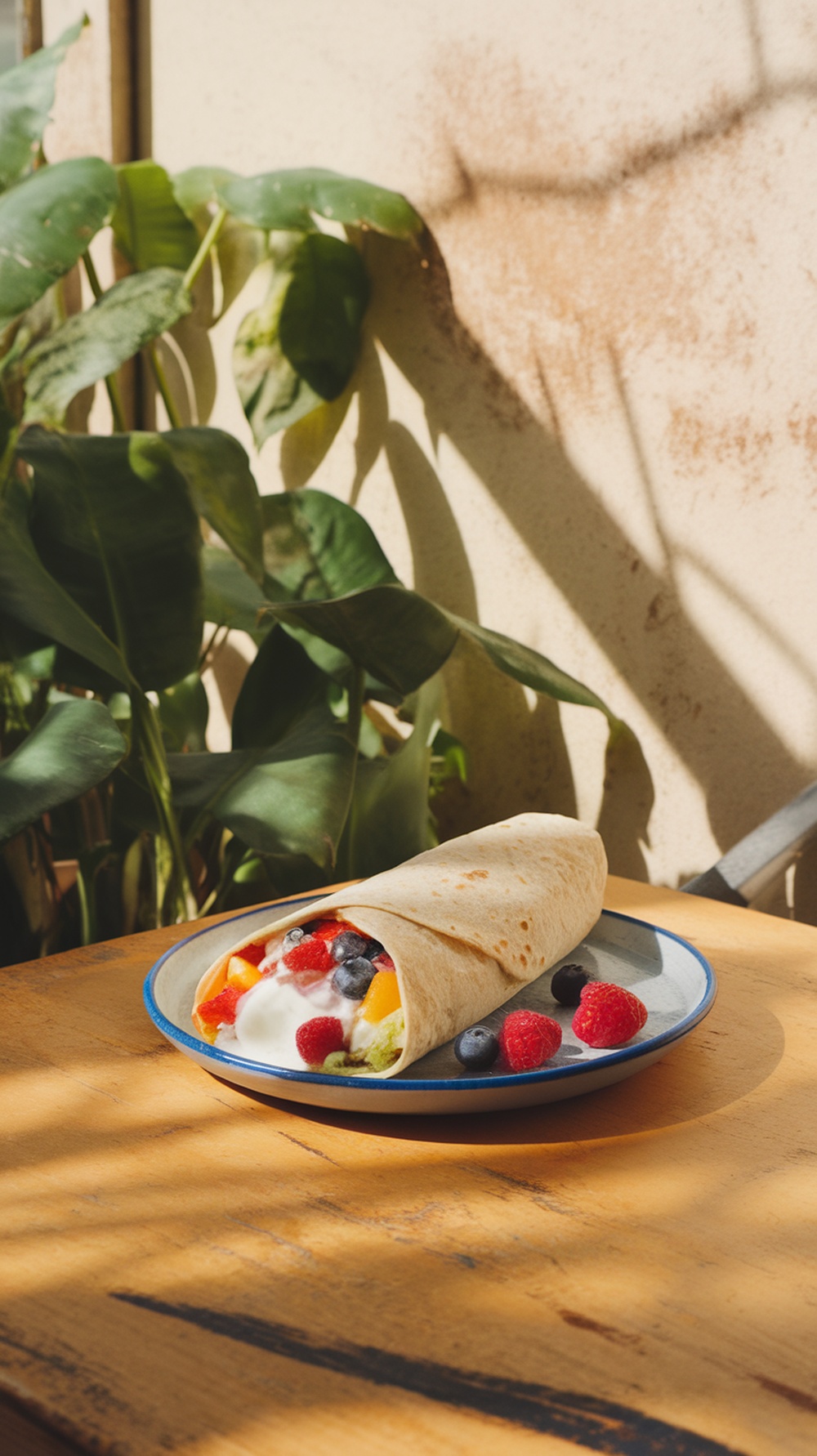 A colorful fruit and yogurt breakfast burrito on a plate with fresh fruits.