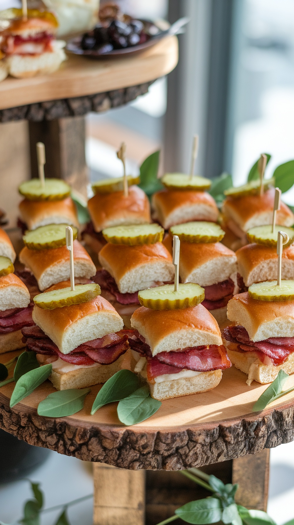 A platter of pickle and bacon sliders with toothpicks and garnished with greens.