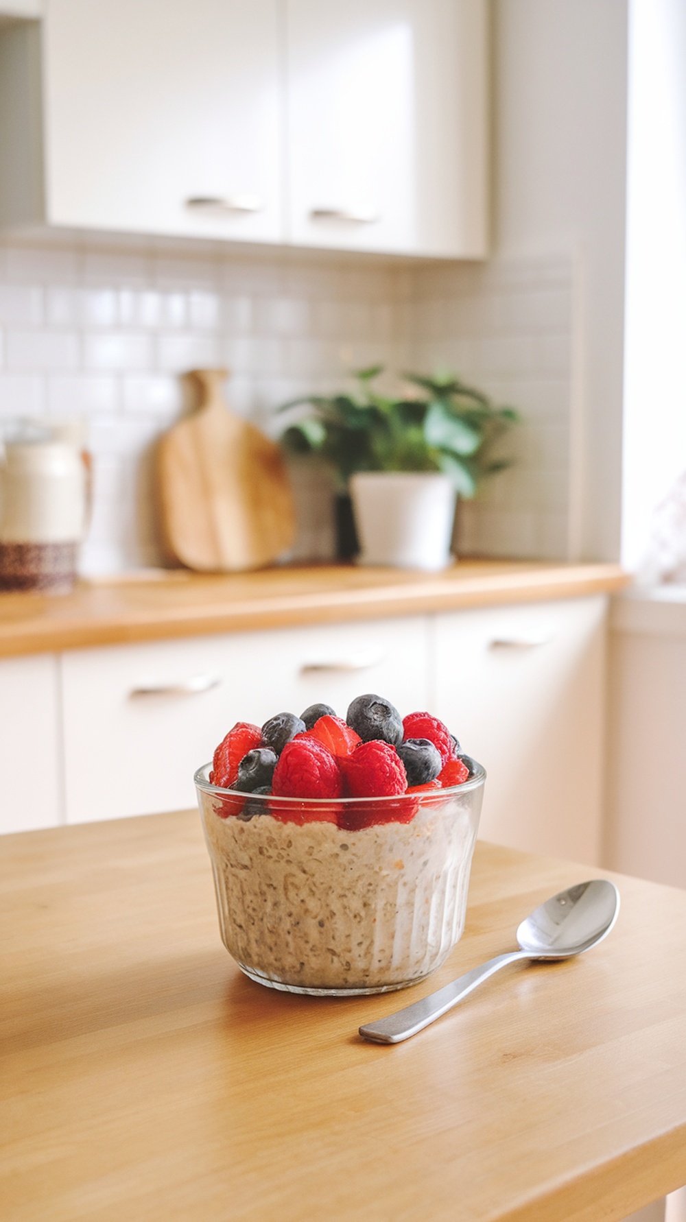 A bowl of overnight oats topped with fresh strawberries and blueberries on a wooden table.