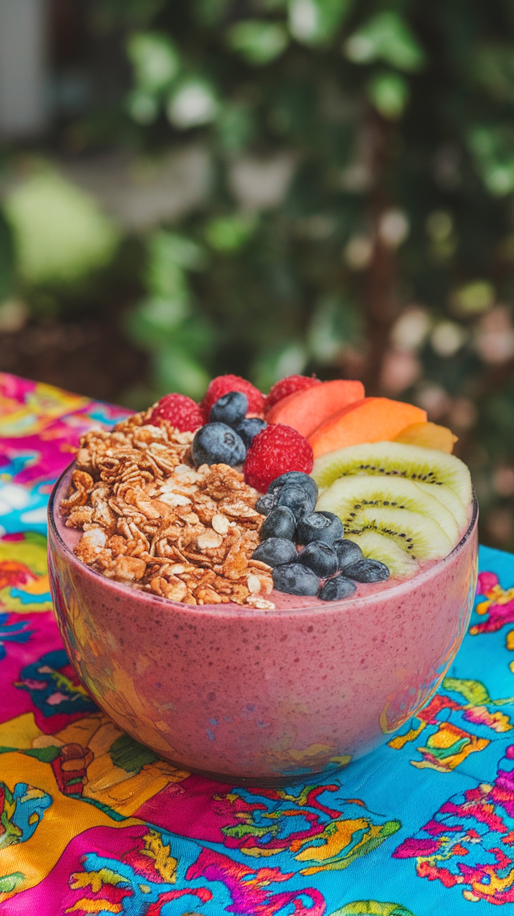 A colorful smoothie bowl topped with granola and fresh fruits on a vibrant tablecloth.