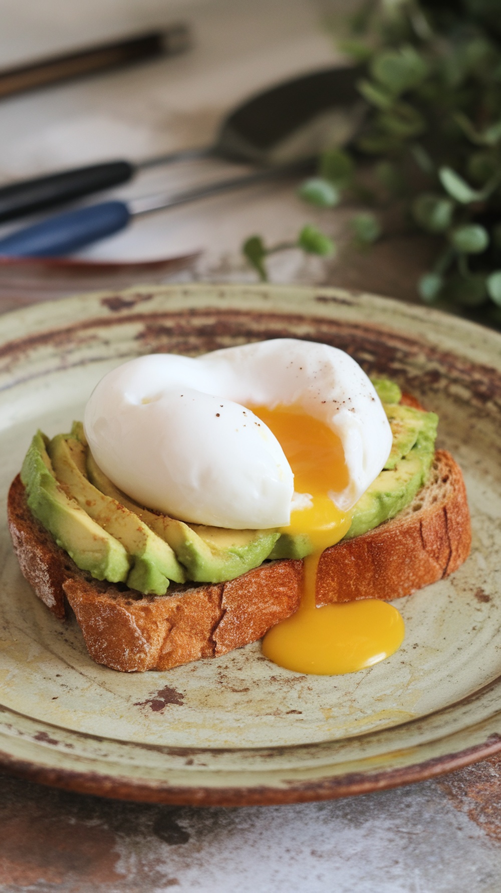 A slice of whole-grain toast topped with sliced avocado and a perfectly poached egg, with the yolk spilling out.