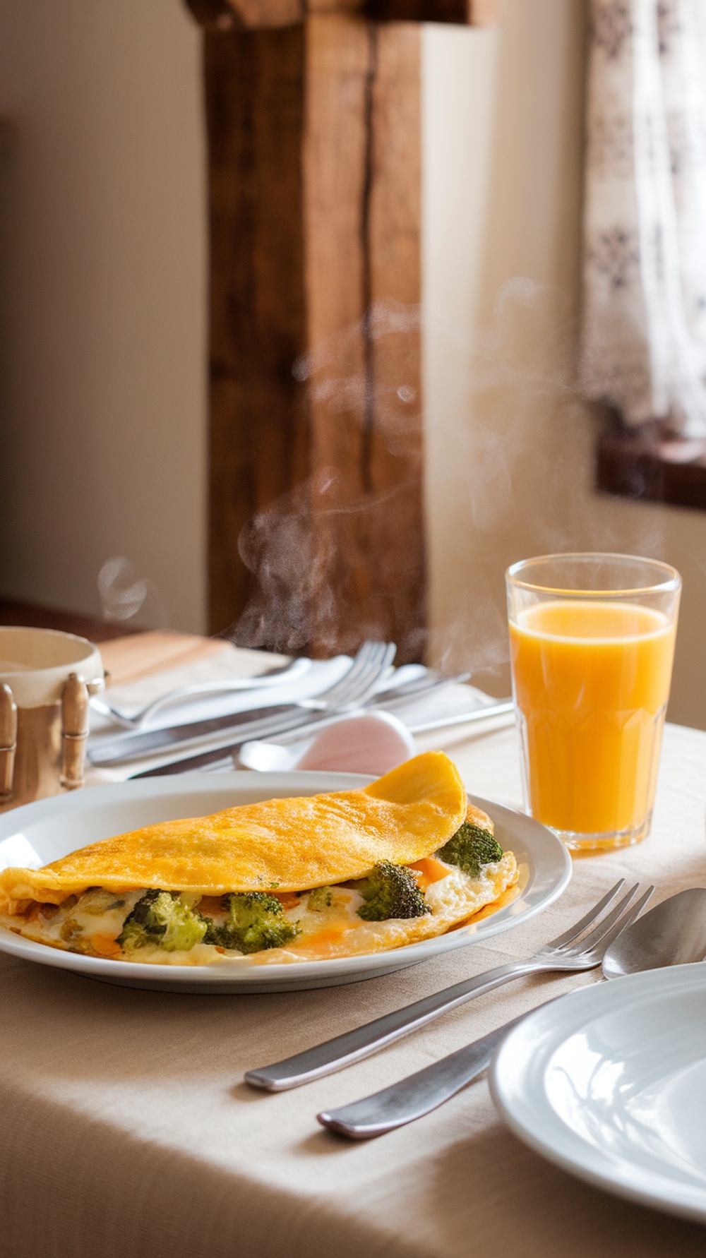 A delicious broccoli and cheddar omelette on a plate with a glass of orange juice