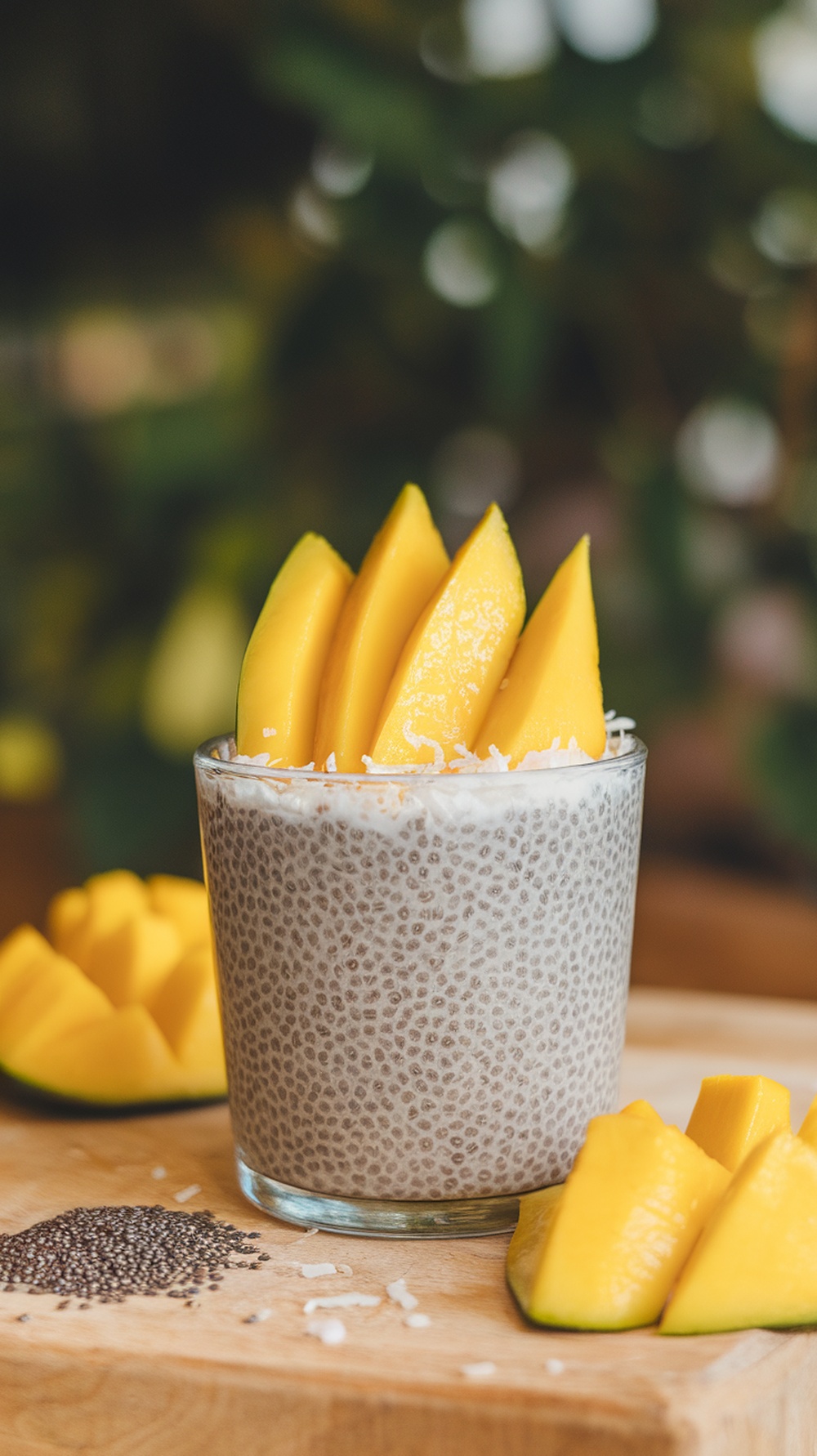 Chia seed pudding topped with mango slices and coconut