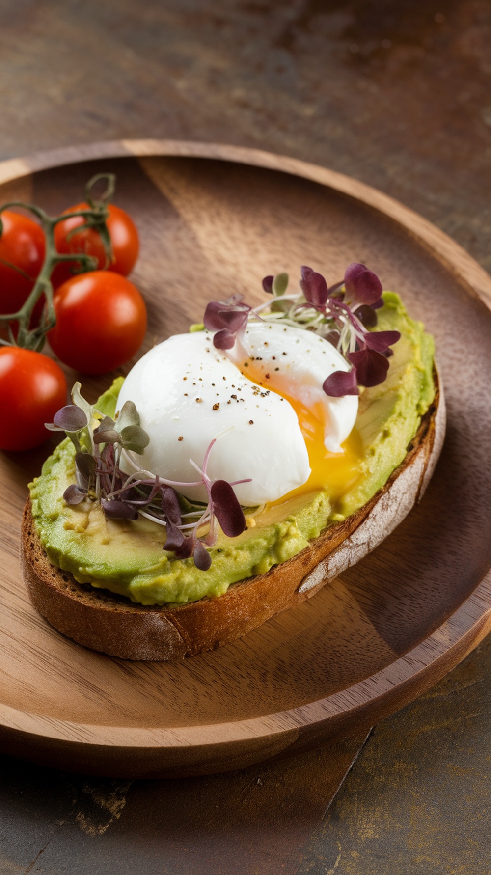 A plate of avocado toast topped with a poached egg, garnished with microgreens and served with cherry tomatoes.