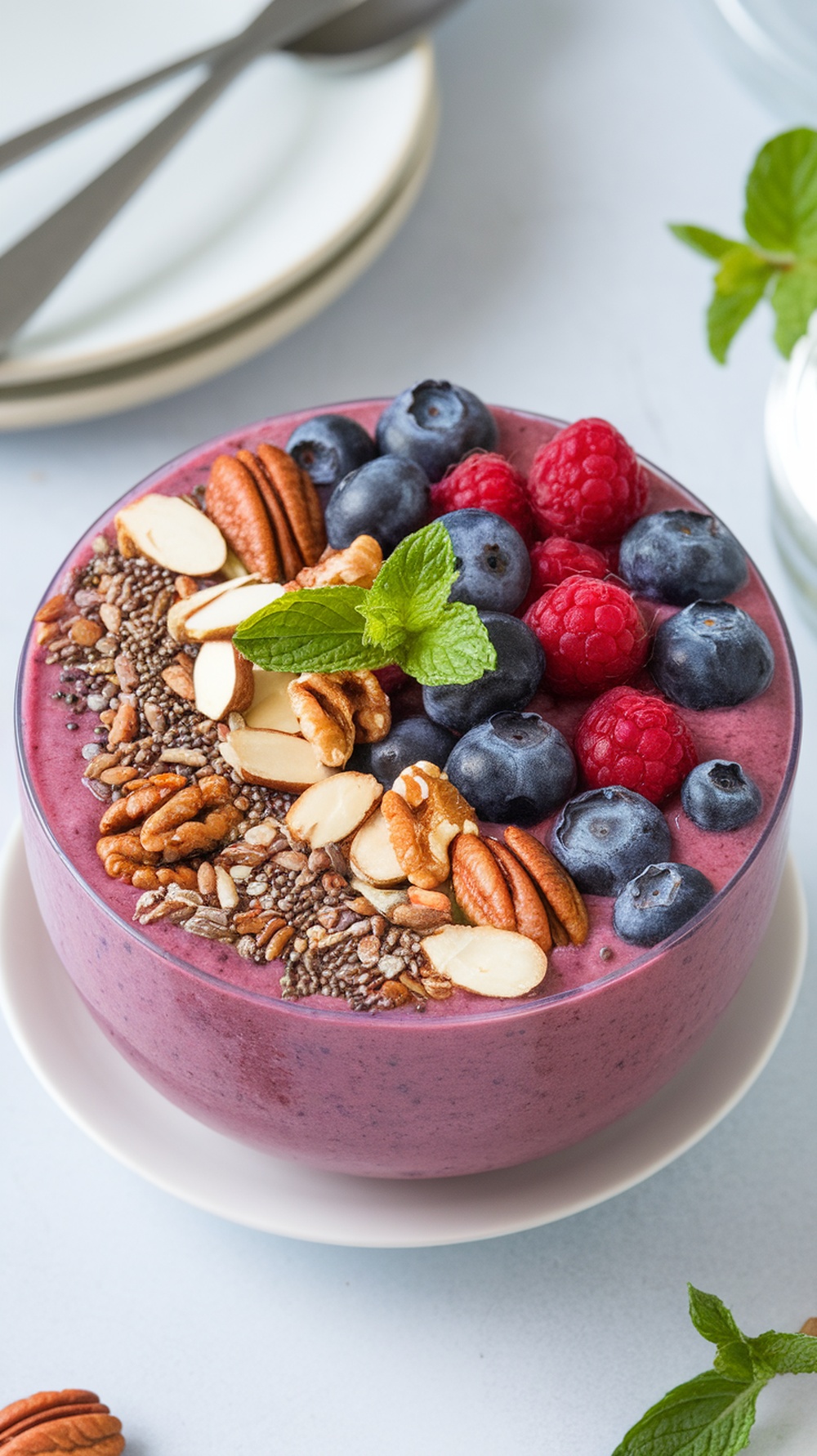 A colorful berry smoothie bowl topped with nuts and fresh berries.