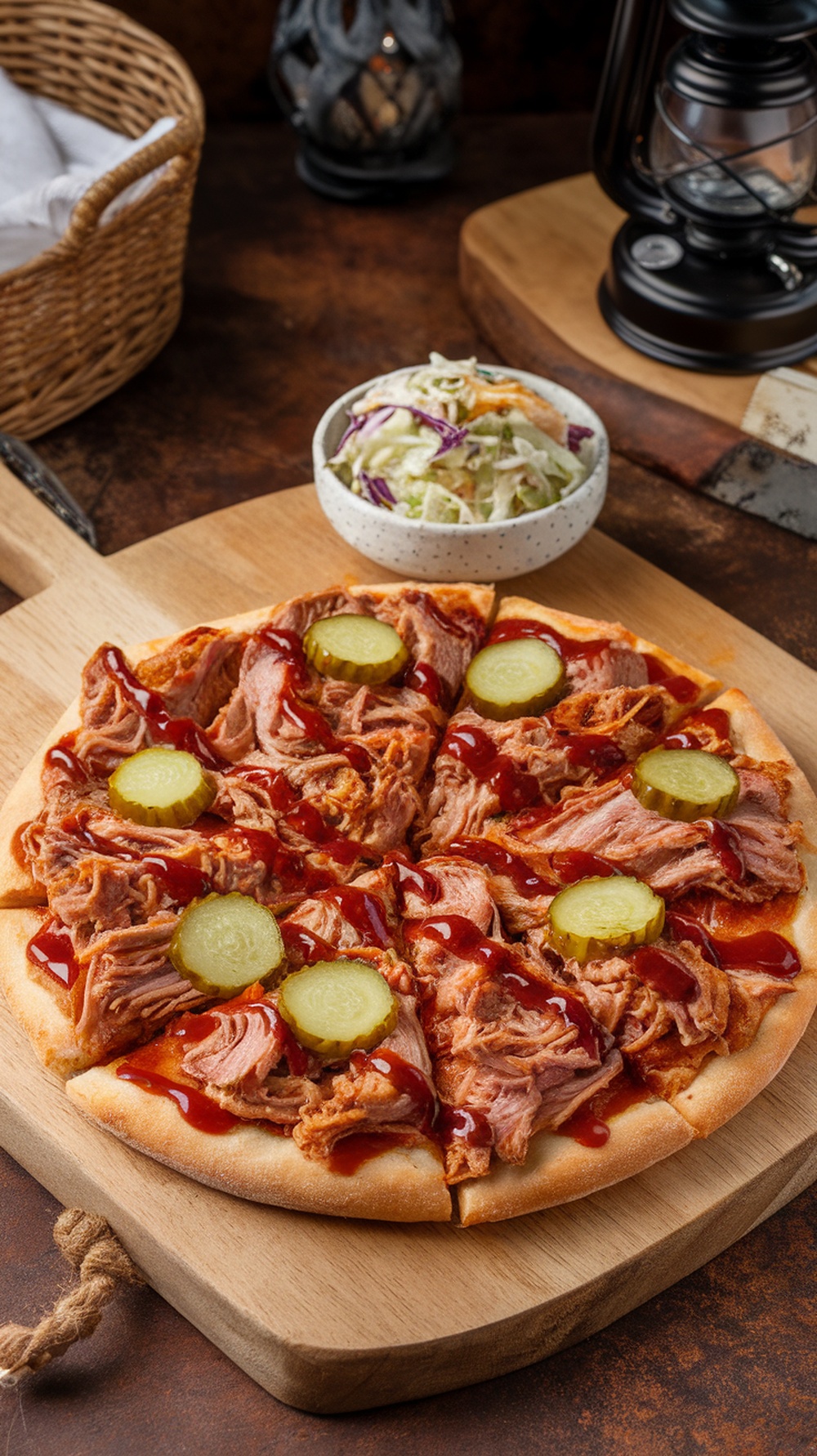 BBQ Dill Pickle Pulled Pork Pizza with coleslaw on a wooden board