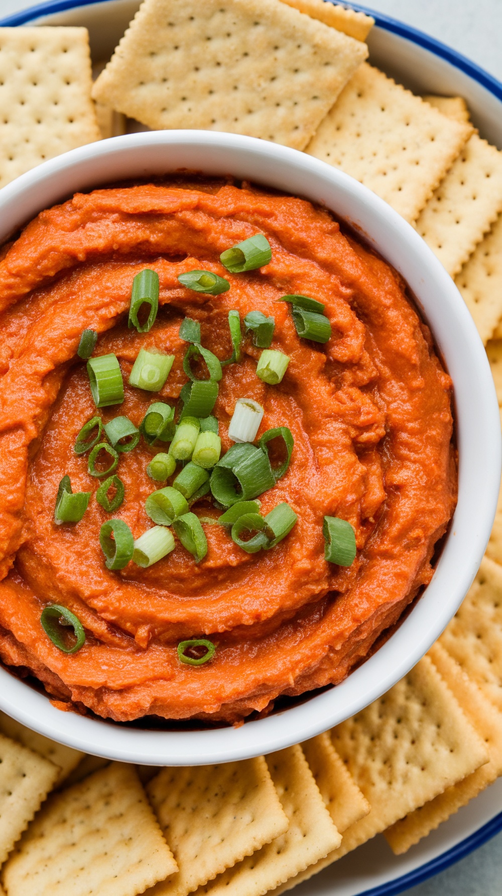 A bowl of bright orange Sweet and Spicy Pickle Roll Up Dip topped with green onions, surrounded by crackers.