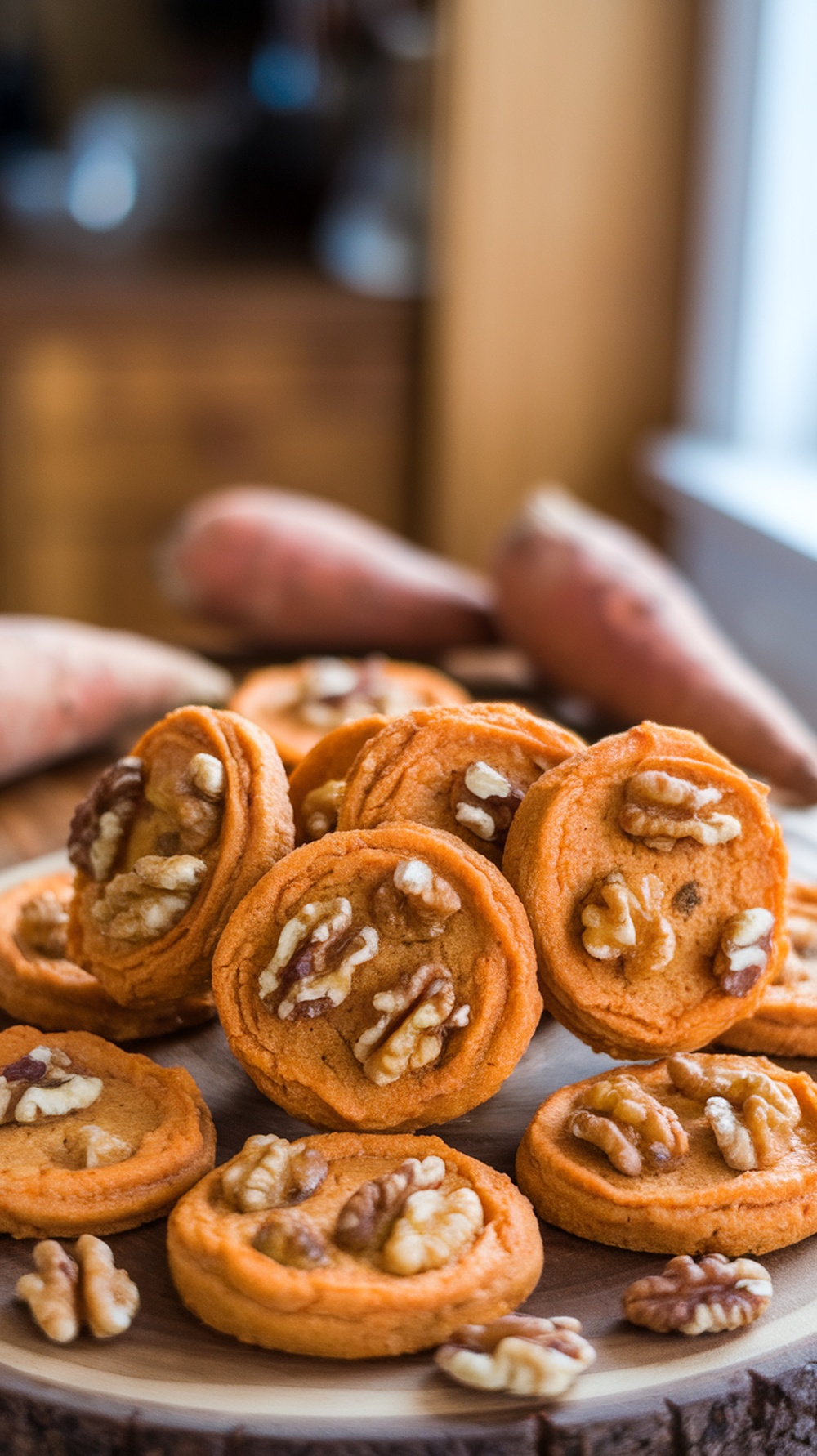 A plate of sweet potato and walnut cookies with whole sweet potatoes in the background.