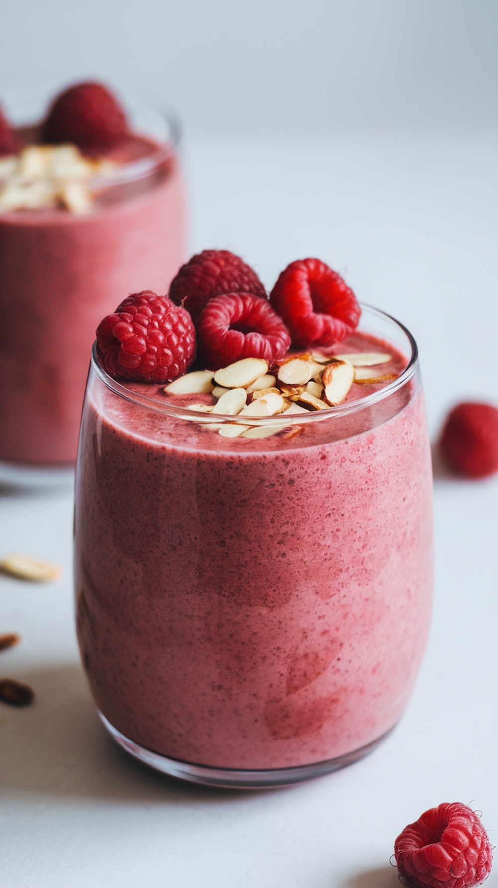 A raspberry almond milk smoothie topped with fresh raspberries and sliced almonds in a glass.